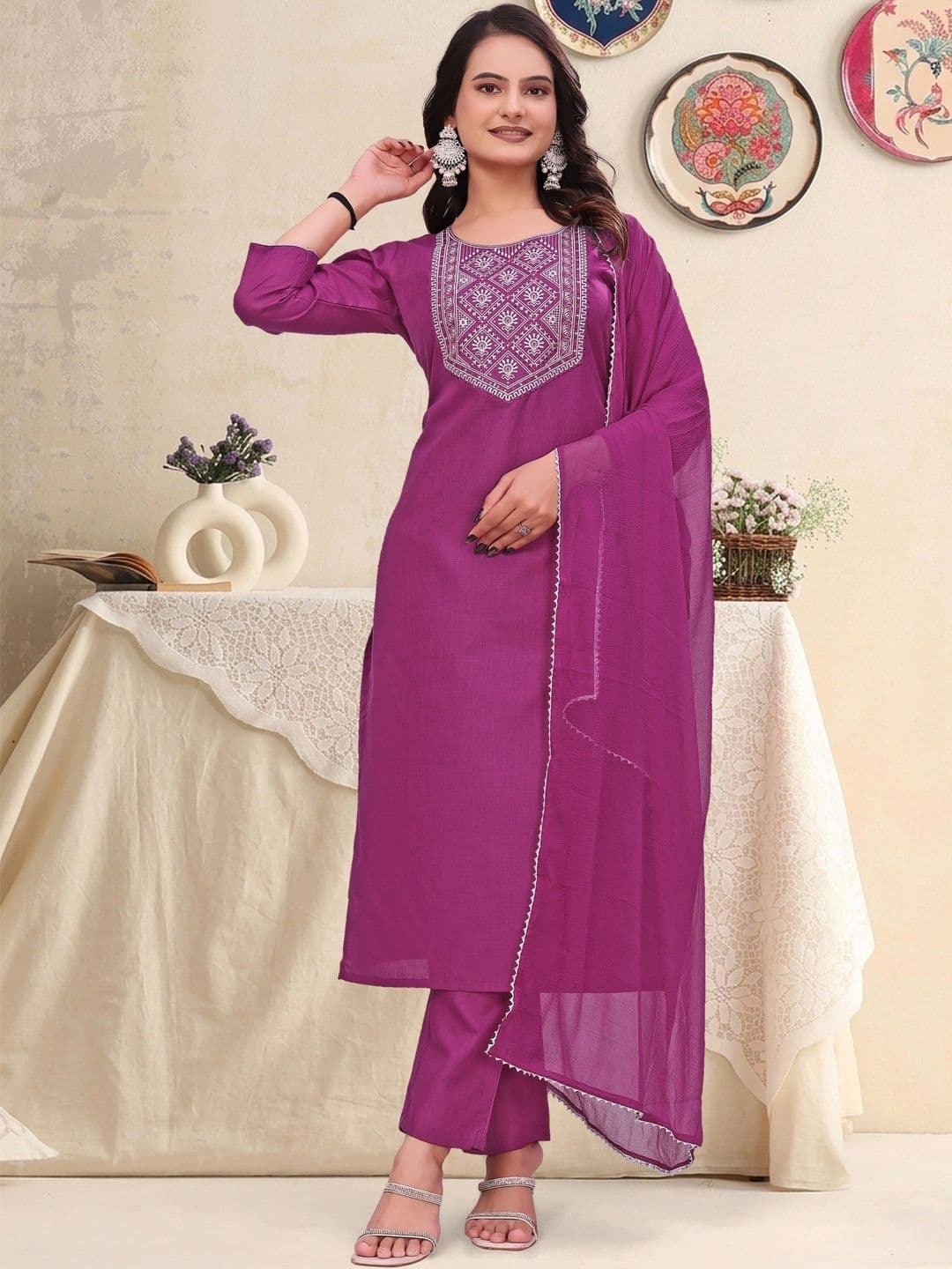 JOGAN Women Embroidered Regular Thread Work Kurta with Trousers & With Dupatta - view 1