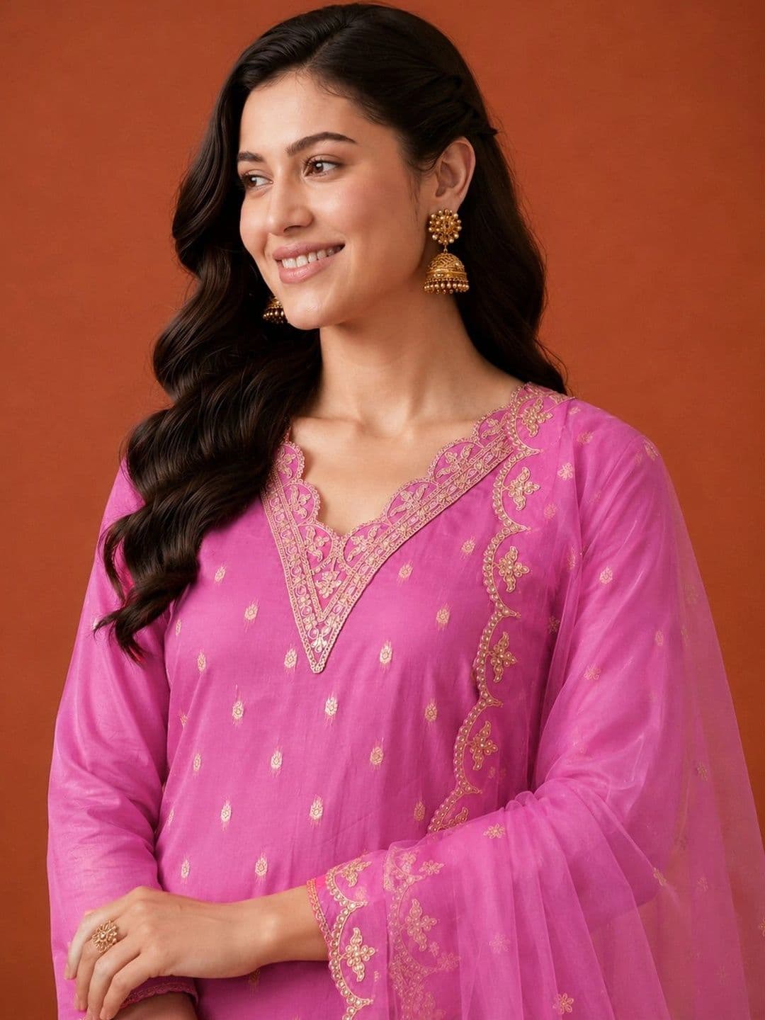 SAINOOR Women Ethnic Motifs Embroidered Regular Kurta with Trousers & With Dupatta thumbnail 4