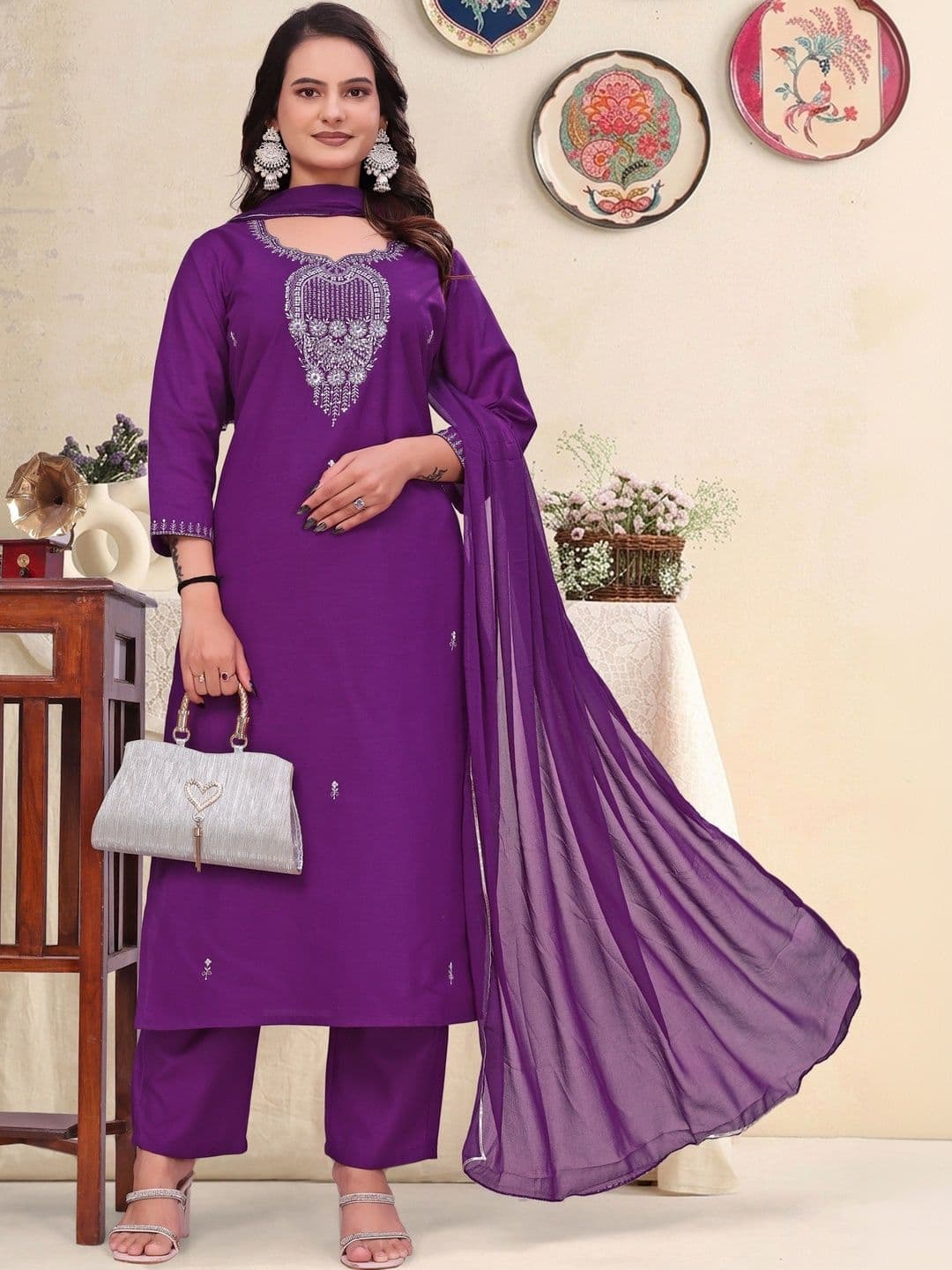 JOGAN Women Ethnic Motifs Embroidered Regular Thread Work Kurta with Trousers & With Dupatta - view 1