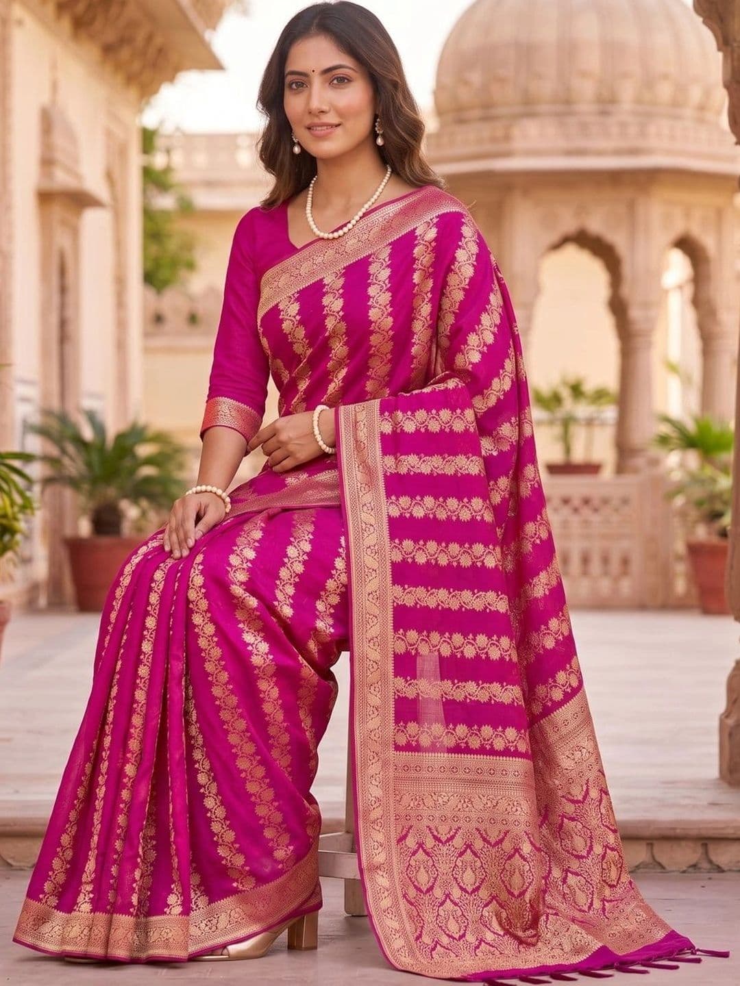 SOURAGYA Leheriya Zari Banarasi Saree thumbnail 5