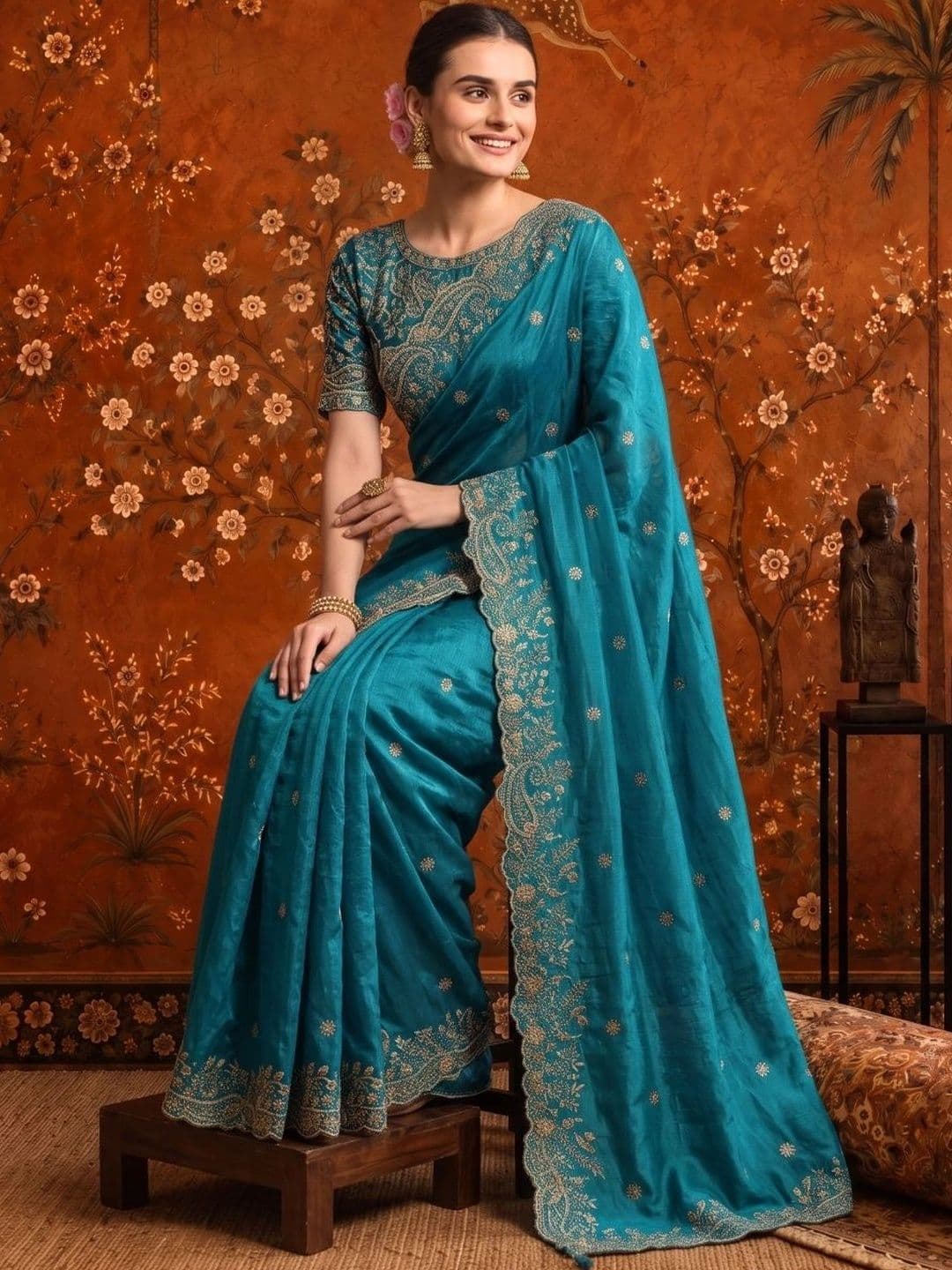 Sangria Embellished Embroidered Satin Saree thumbnail 3