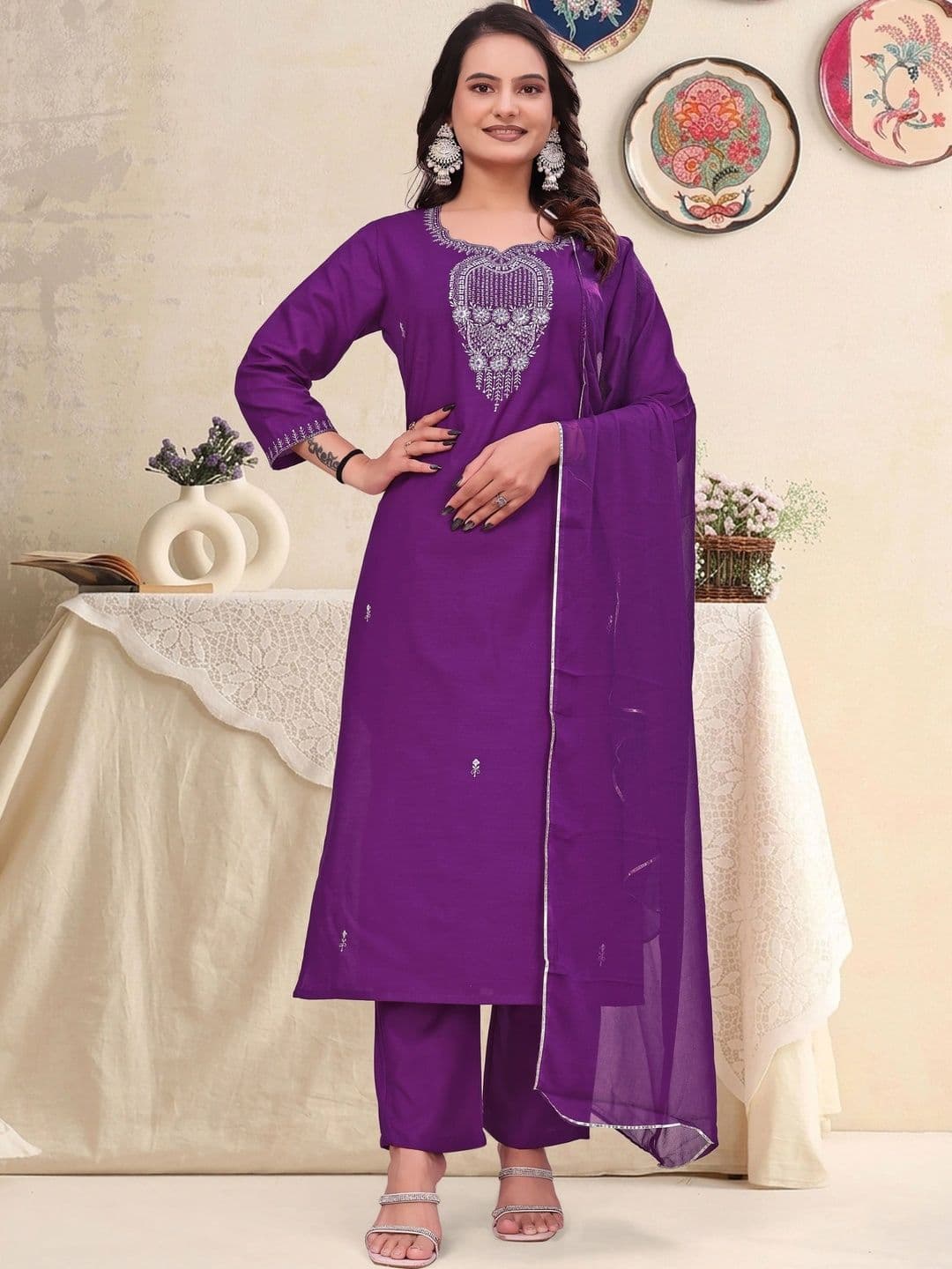 JOGAN Women Ethnic Motifs Embroidered Regular Thread Work Kurta with Trousers & With Dupatta thumbnail 3