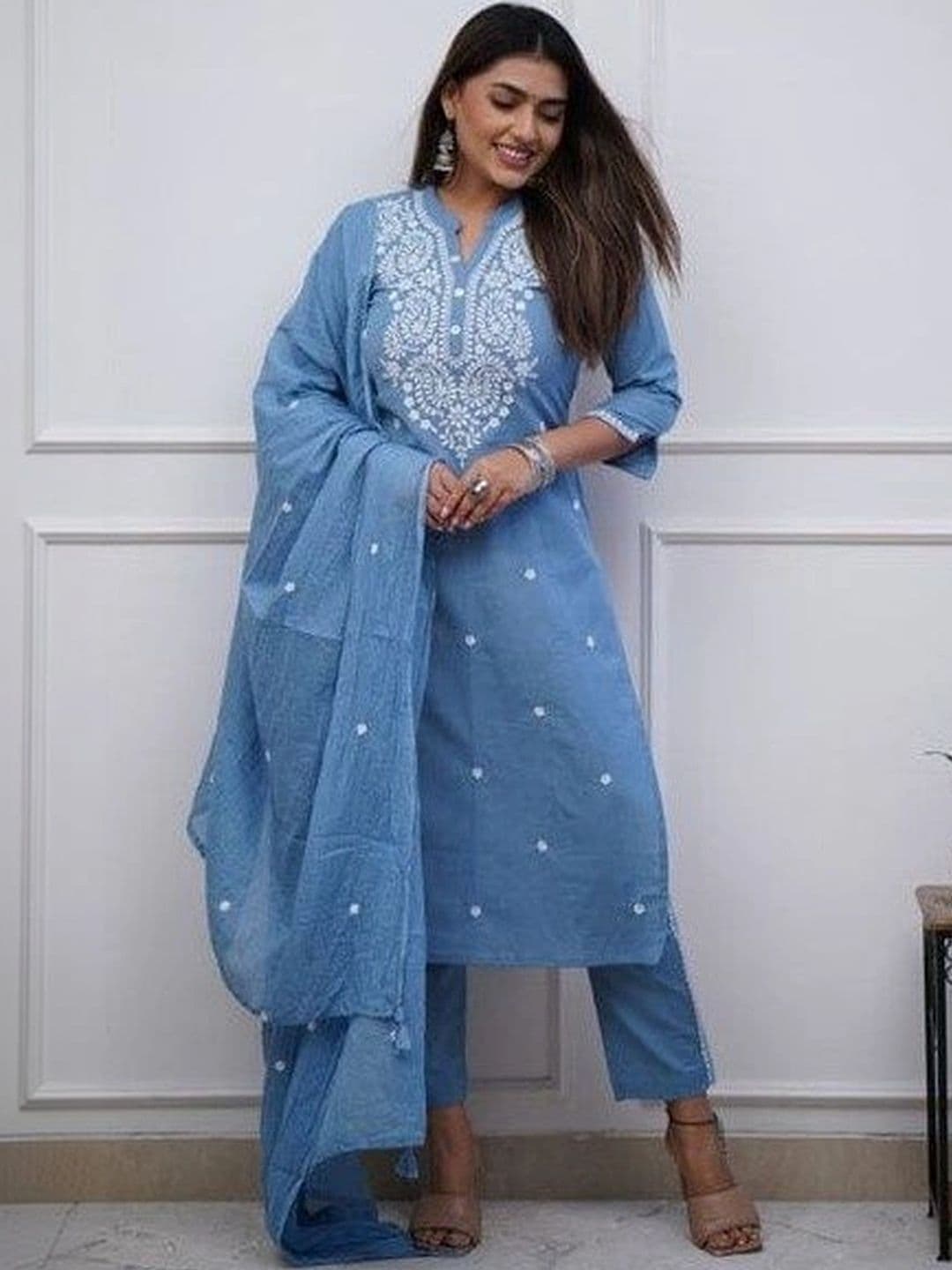 SRF KURTI HUB Women Ethnic Motifs Embroidered Regular Thread Work Kurta with Trousers & With Dupatta - view 1