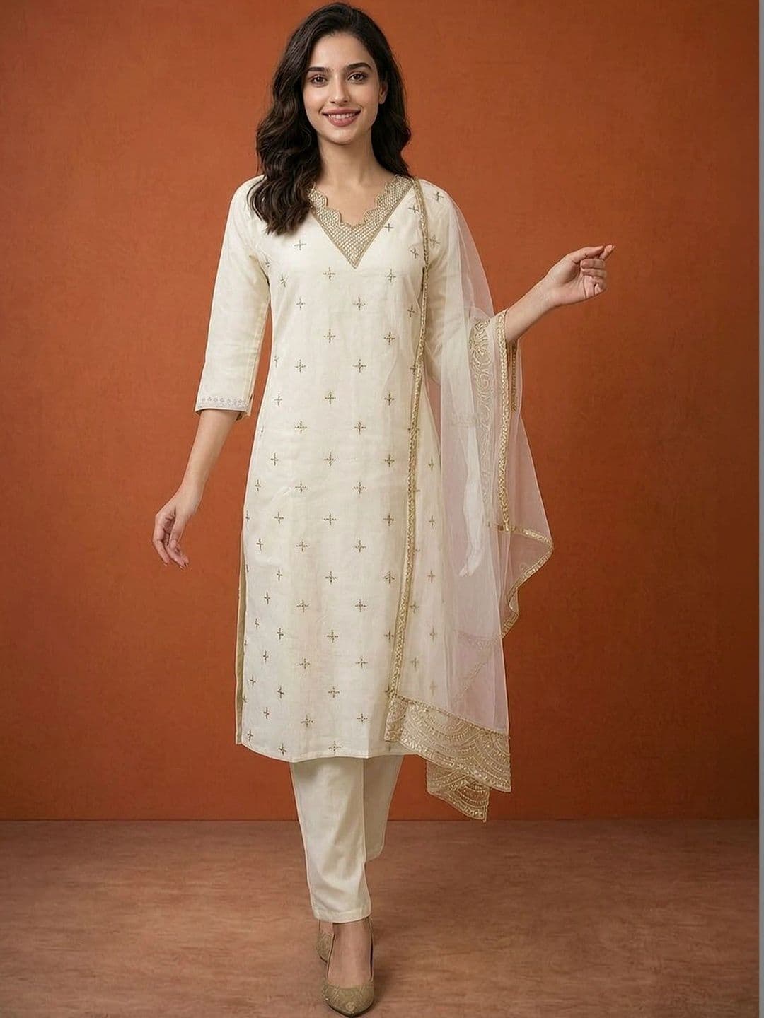 SAINOOR Women Ethnic Motifs Embroidered Regular Kurta with Trousers & With Dupatta thumbnail 3