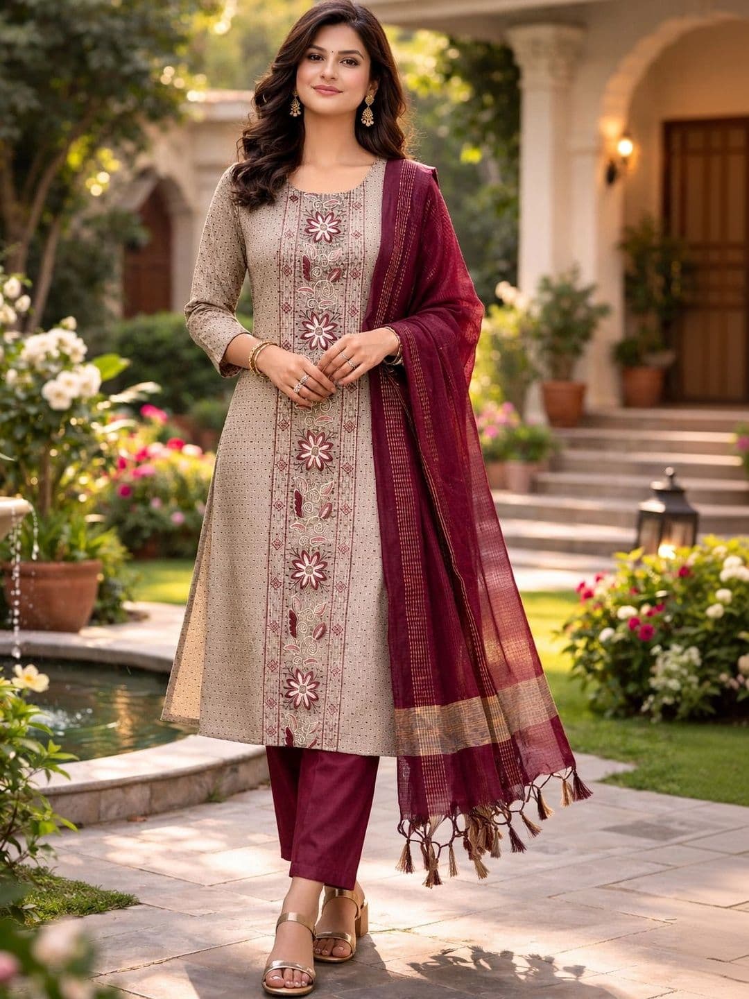 MI Textile Women Ethnic Motifs Embroidered Regular Thread Work Kurta with Trousers & With Dupatta - view 1