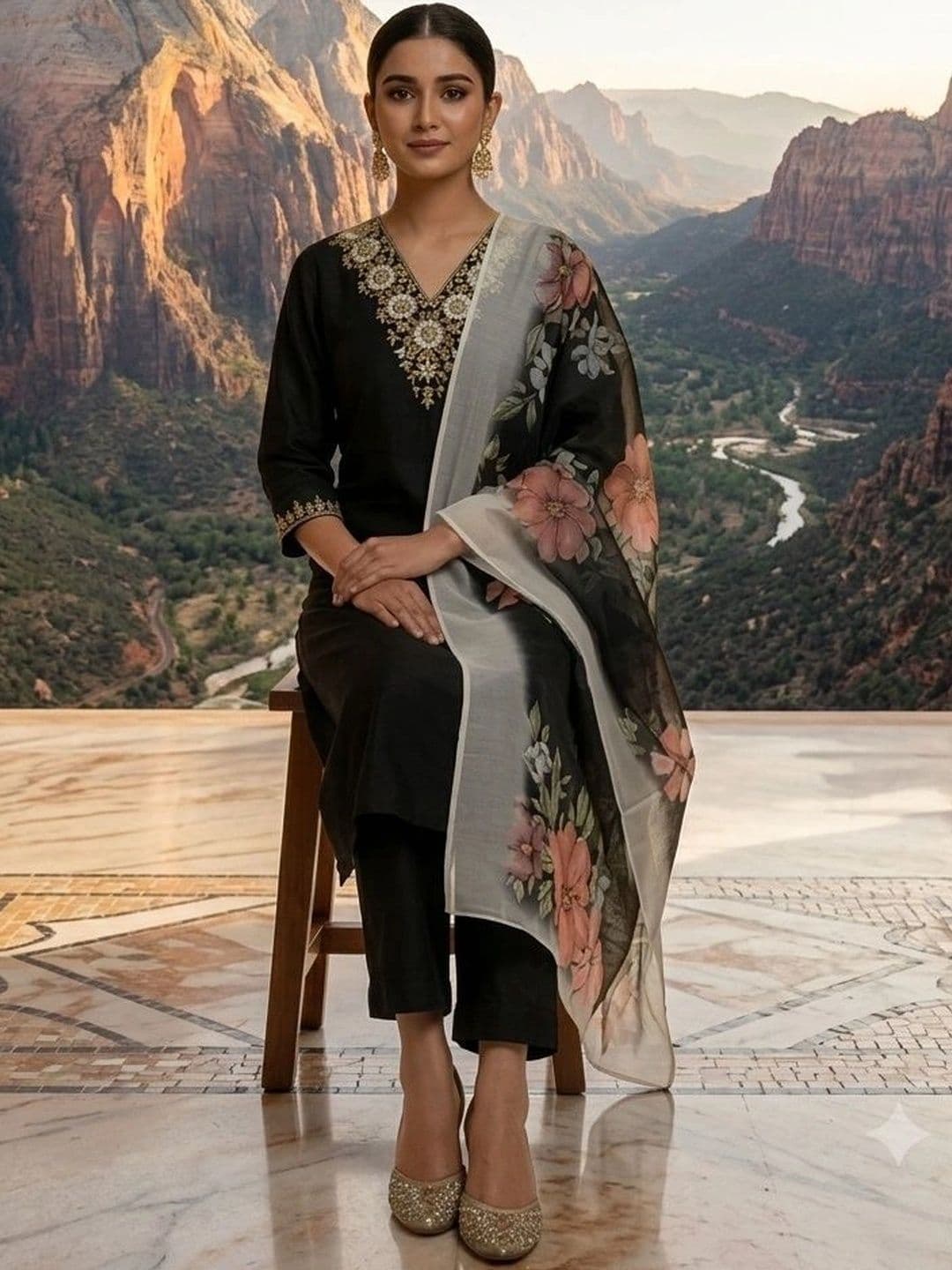 KALINI Women Floral Embroidered Regular Thread Work Kurta with Trousers & With Dupatta - view 1