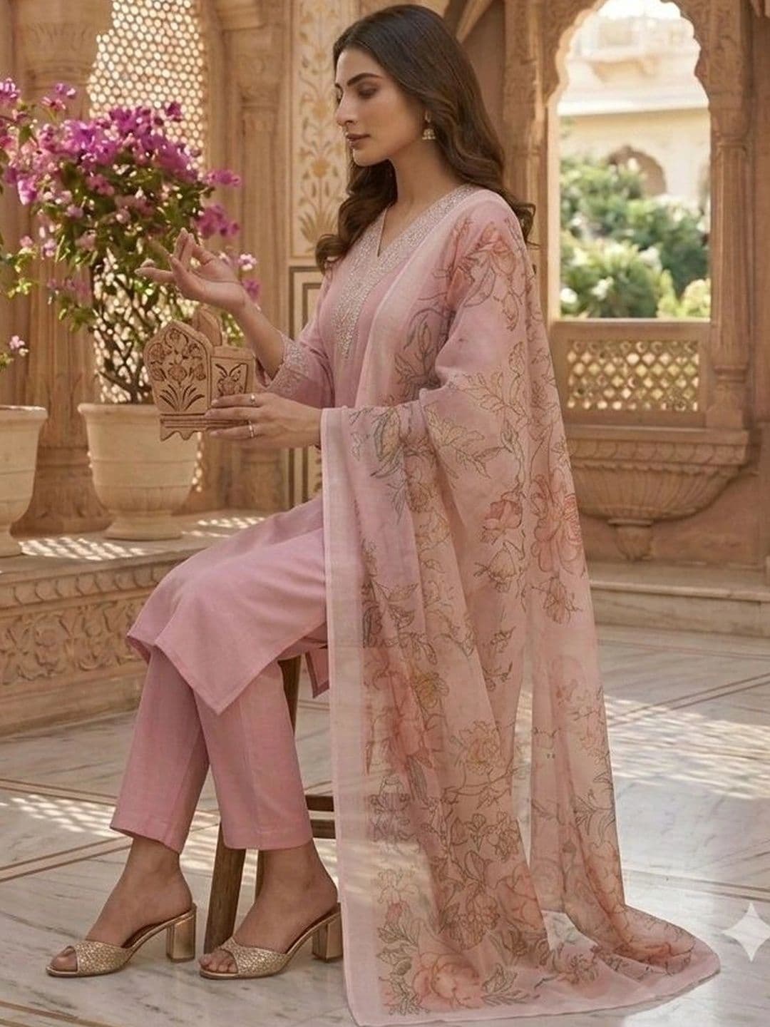 pink and pop Women Floral Regular Thread Work Kurta with Trousers & With Dupatta thumbnail 4