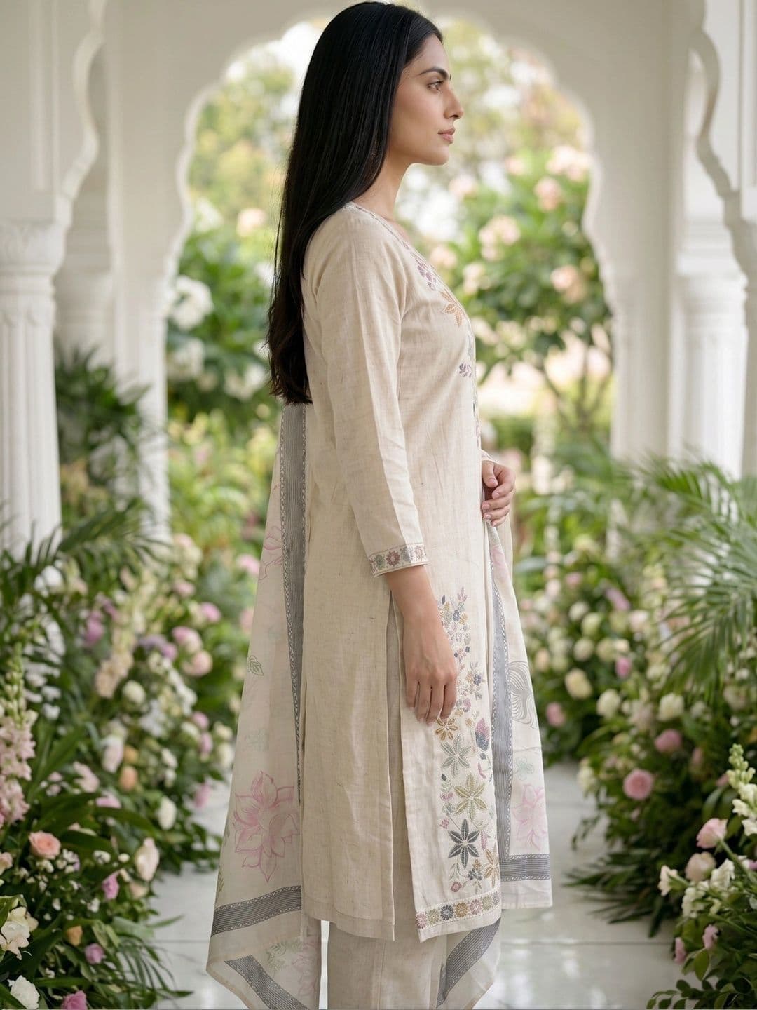 MATMA FASHION Women Floral Embroidered Regular Thread Work Pure Cotton Kurta with Trousers & With Dupatta thumbnail 6