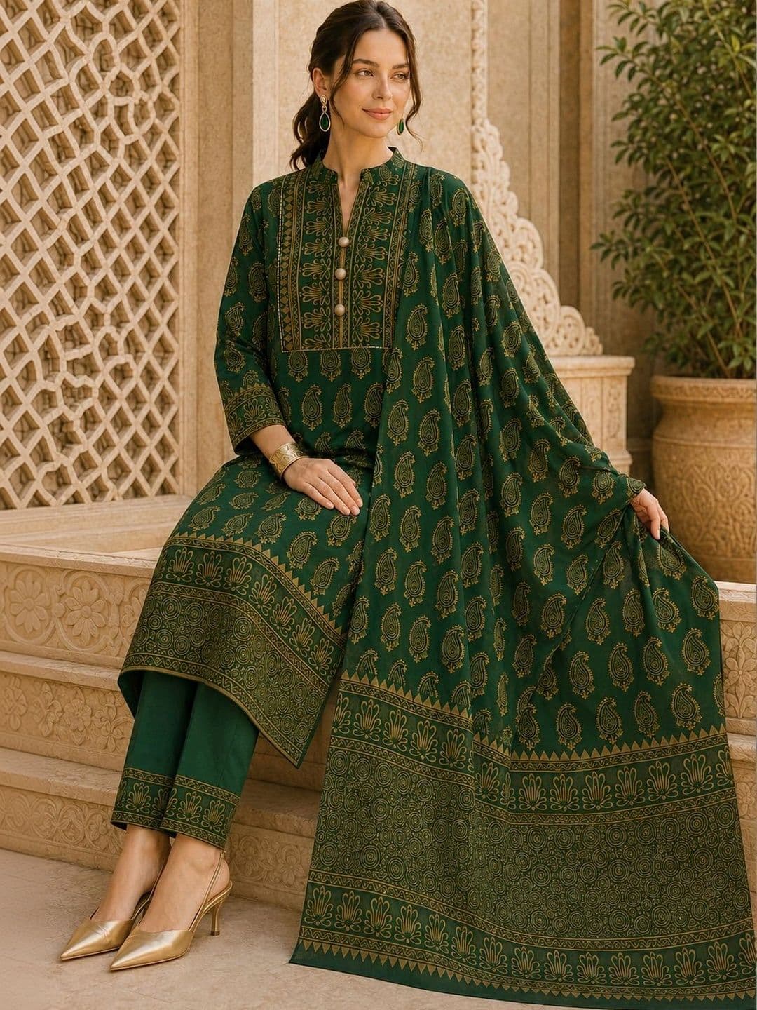 JAIPUR HAND BLOCK Women Ethnic Motifs Printed Regular Pure Cotton Kurta with Trousers & With Dupatta thumbnail 3