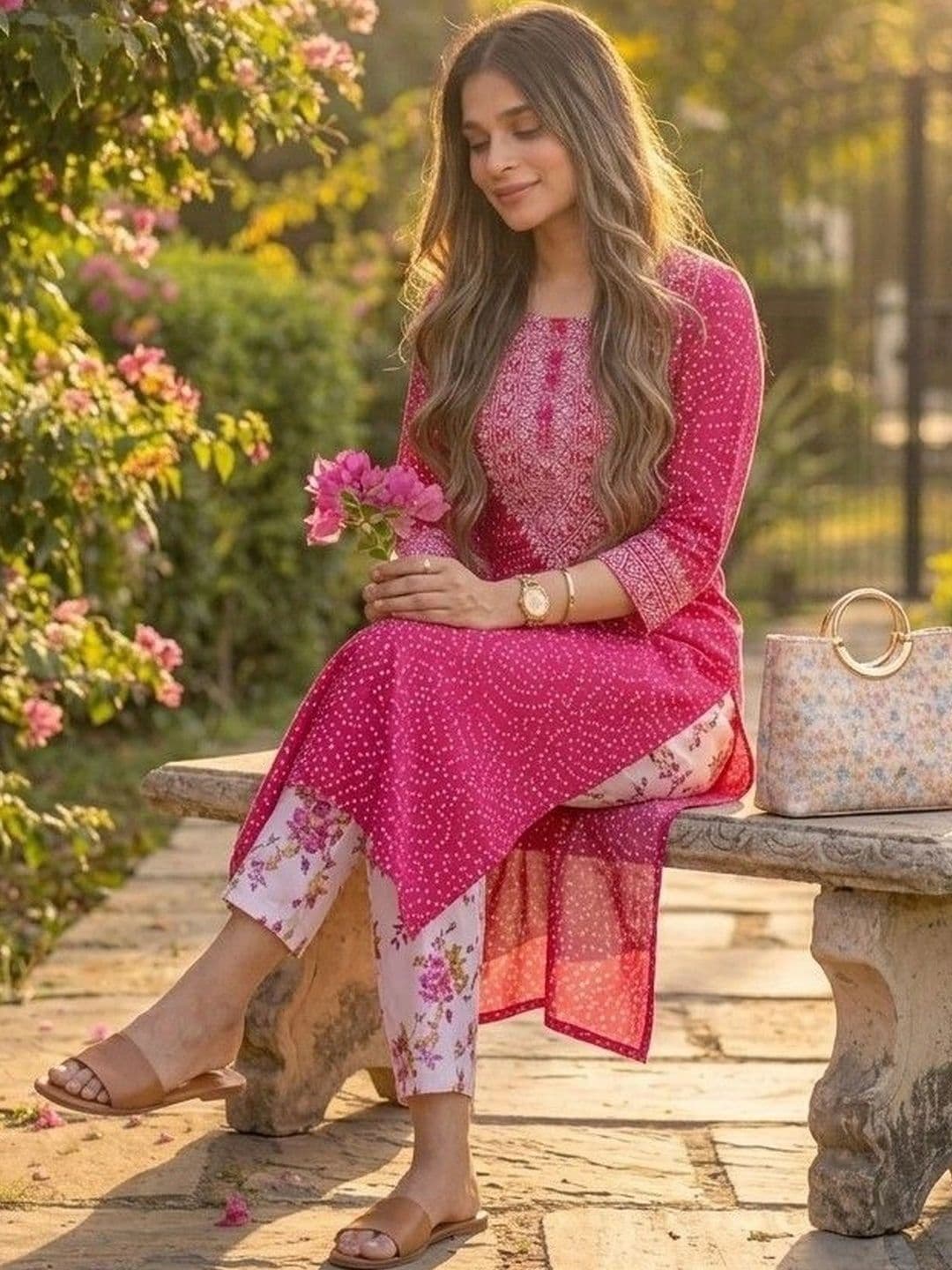 KALINI Women Ethnic Motifs Printed Regular Thread Work Pure Cotton Kurta with Trousers - view 1
