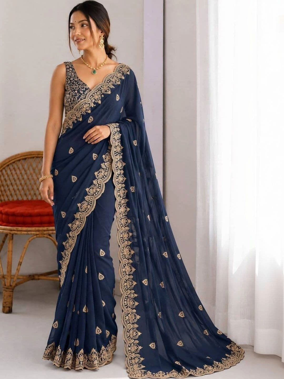 Vastra Drape Embellished Embroidered Poly Georgette Saree thumbnail 5
