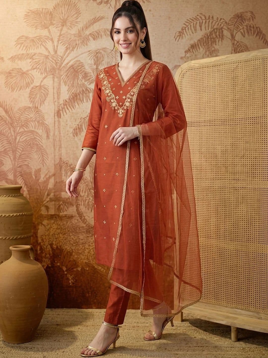SAINOOR Women Ethnic Motifs Embroidered Regular Thread Work Kurta with Trousers & With Dupatta - view 1