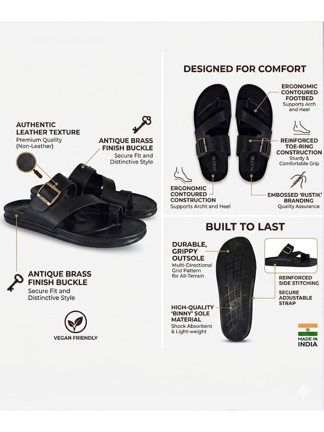 RUSTIK Men Black Textured Synthetic Leather Toe-Ring Comfort Sandals With Buckle Strap thumbnail 2