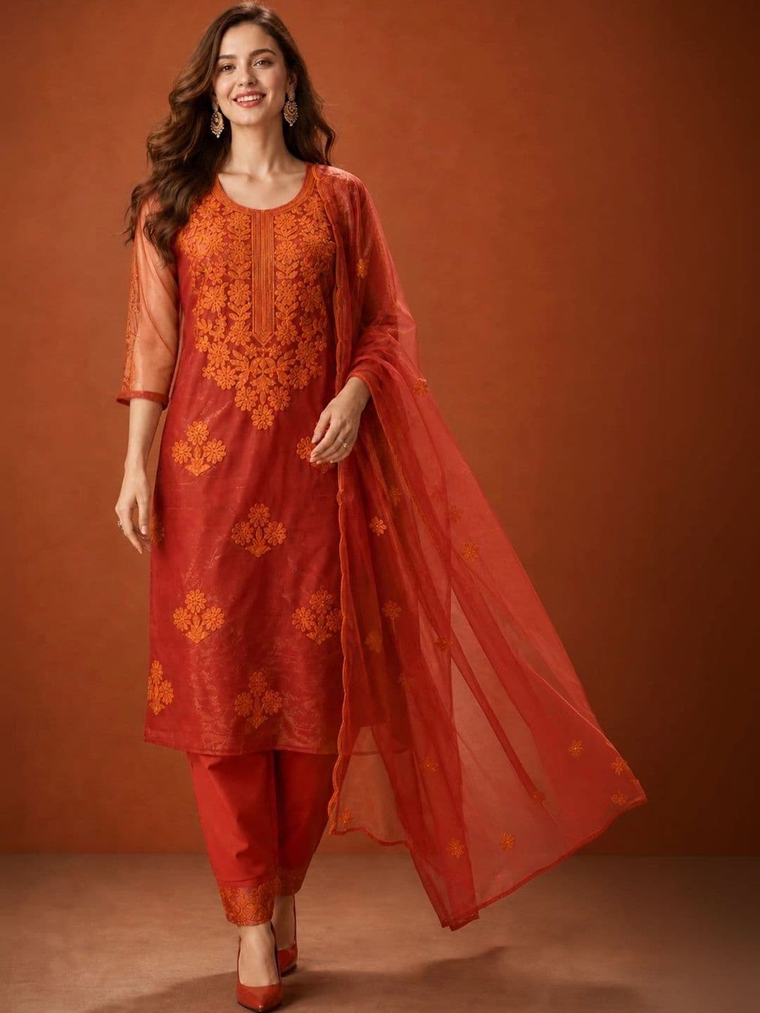 SAINOOR Women Ethnic Motifs Embroidered Regular Thread Work Kurta with Trousers & With Dupatta thumbnail 4
