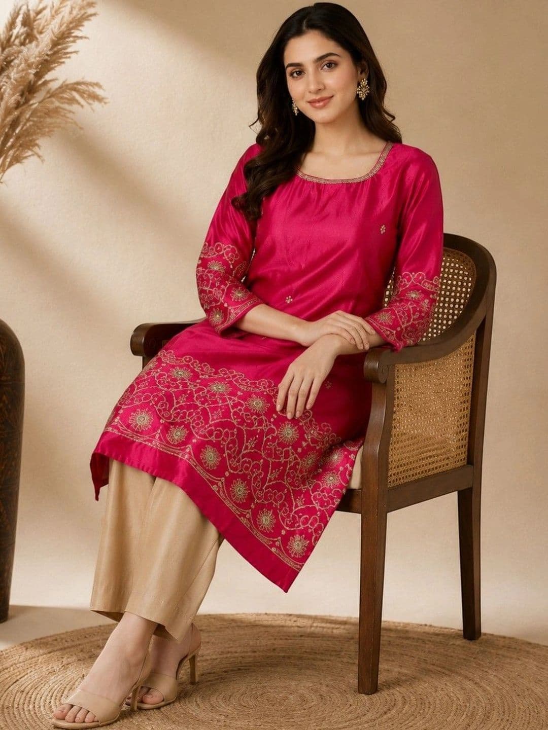 EELIKA Women Ethnic Motifs Embroidered Regular Thread Work Kurta with Trousers thumbnail 6