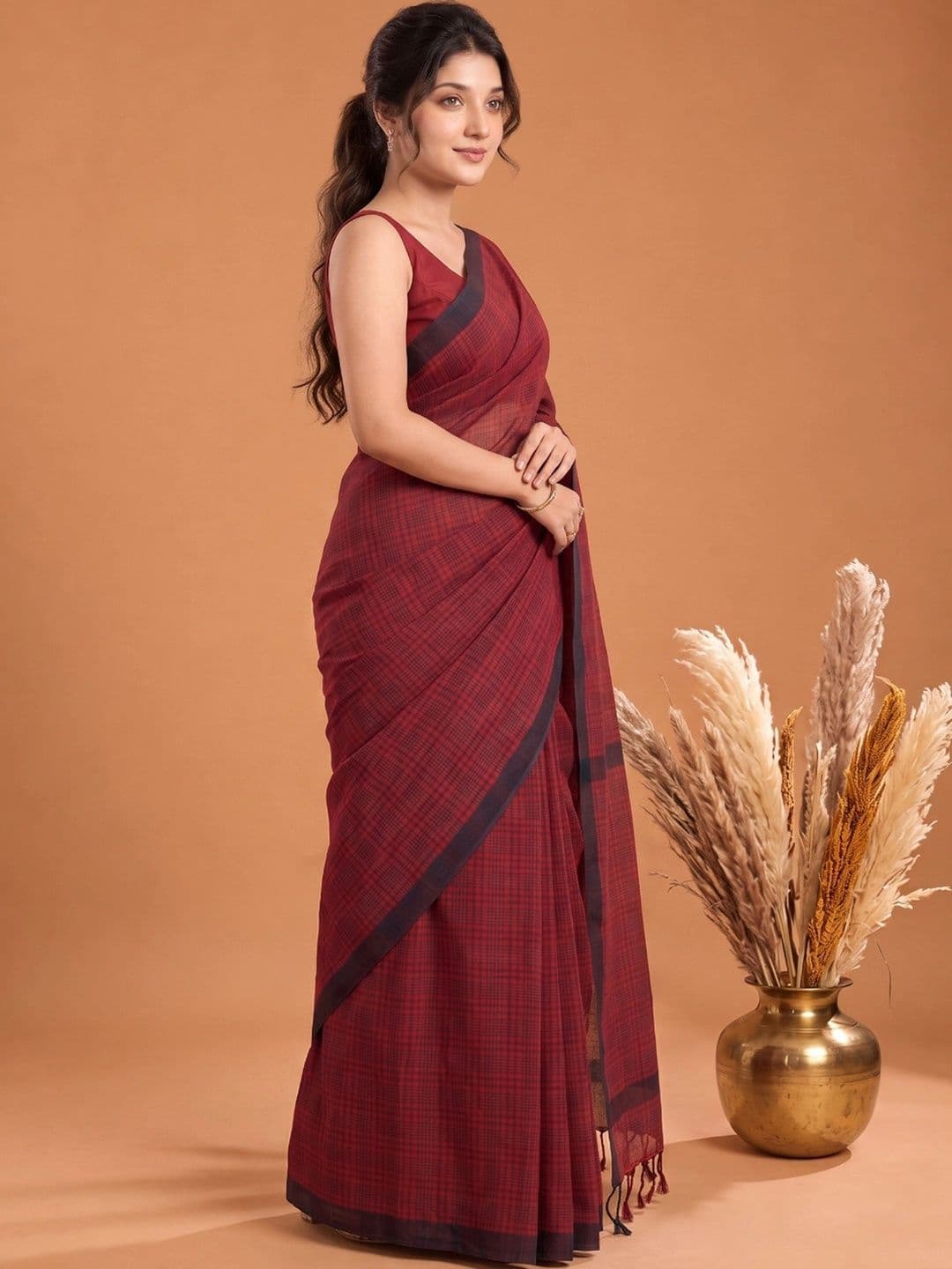 KALINI Checked Pure Cotton Saree thumbnail 5