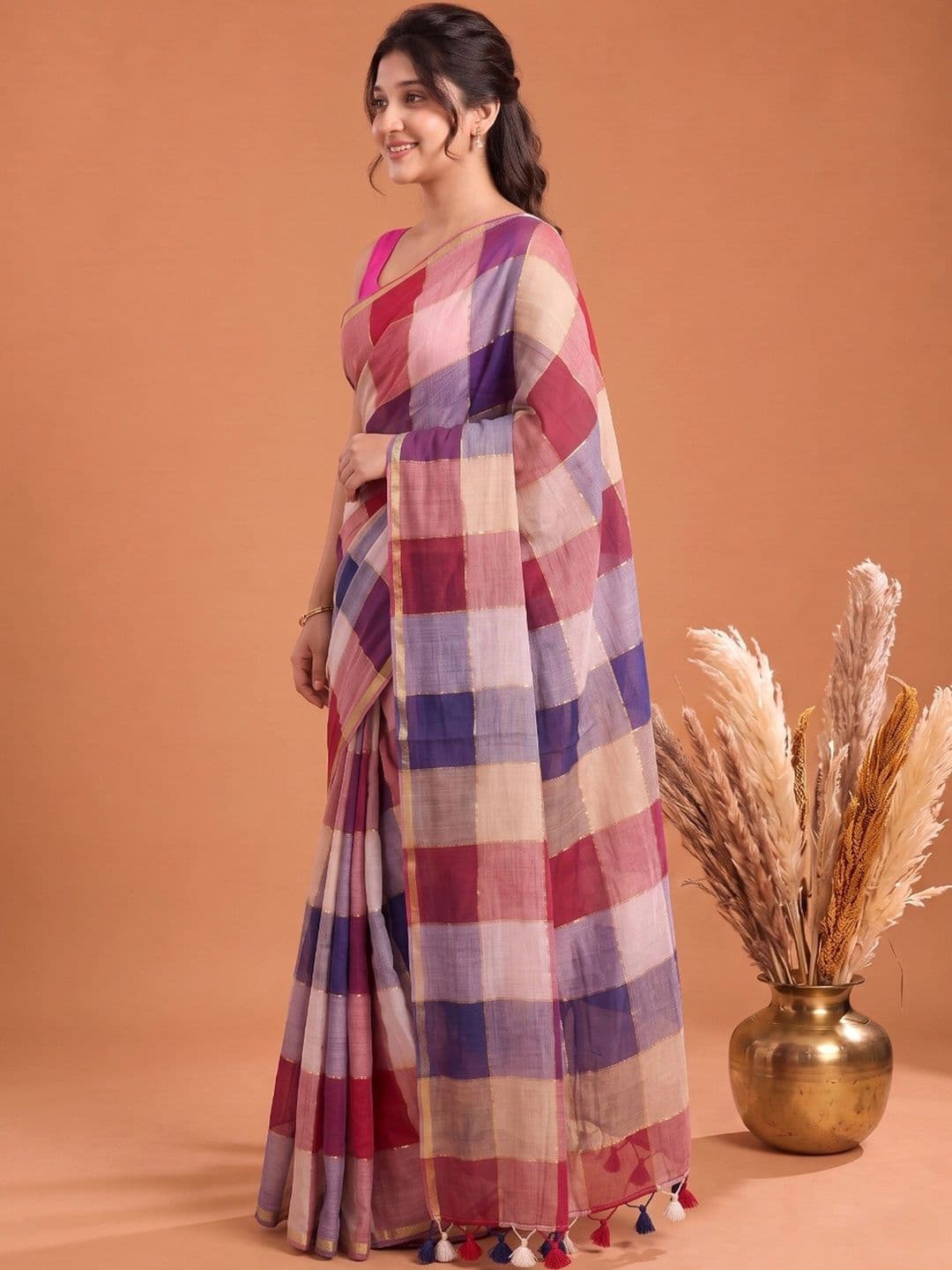 KALINI Checked Pure Cotton Saree thumbnail 5