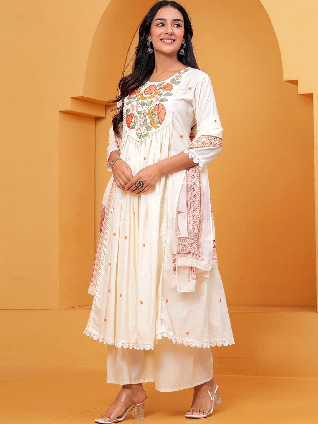 Anouk Women Floral Embroidered Empire Thread Work Pure Cotton Kurta with Palazzos & With Dupatta thumbnail 5