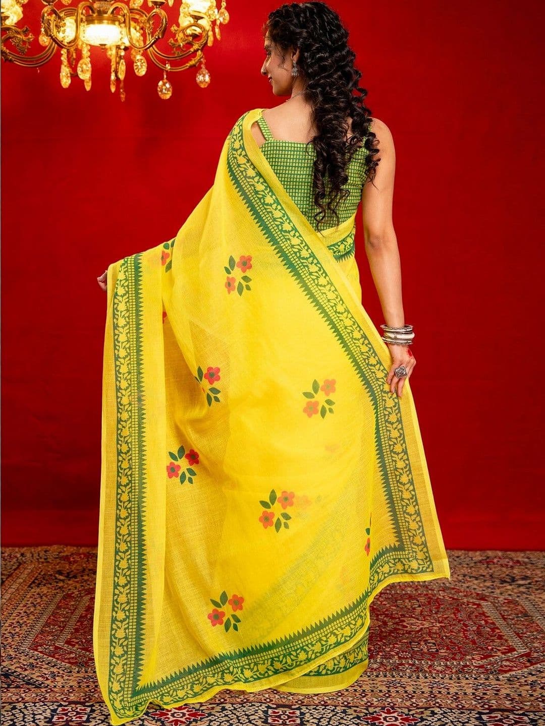 Satrani Floral Printed Pure Linen Saree with Green Border and Blouse Piece thumbnail 4