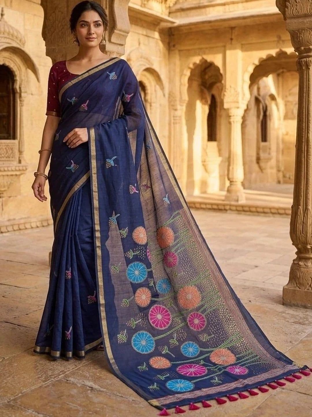 Fashion Mantra Embroidered Linen Blend Saree - view 1