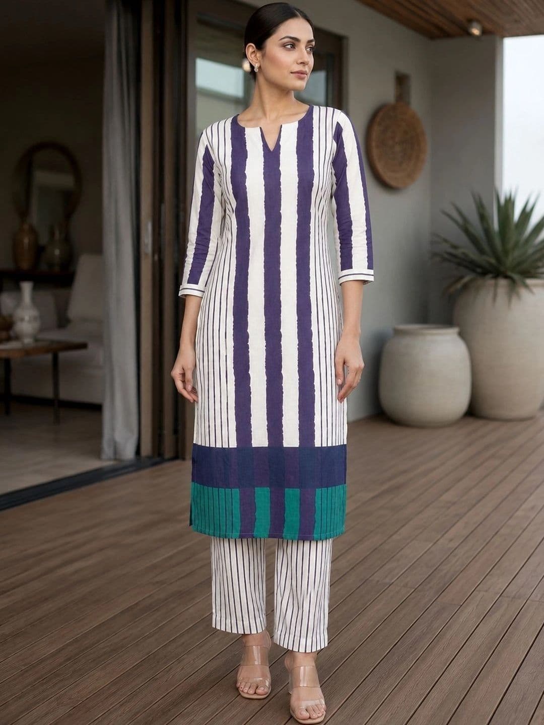 Bunai Women Striped Regular Kurta with Trousers - view 1
