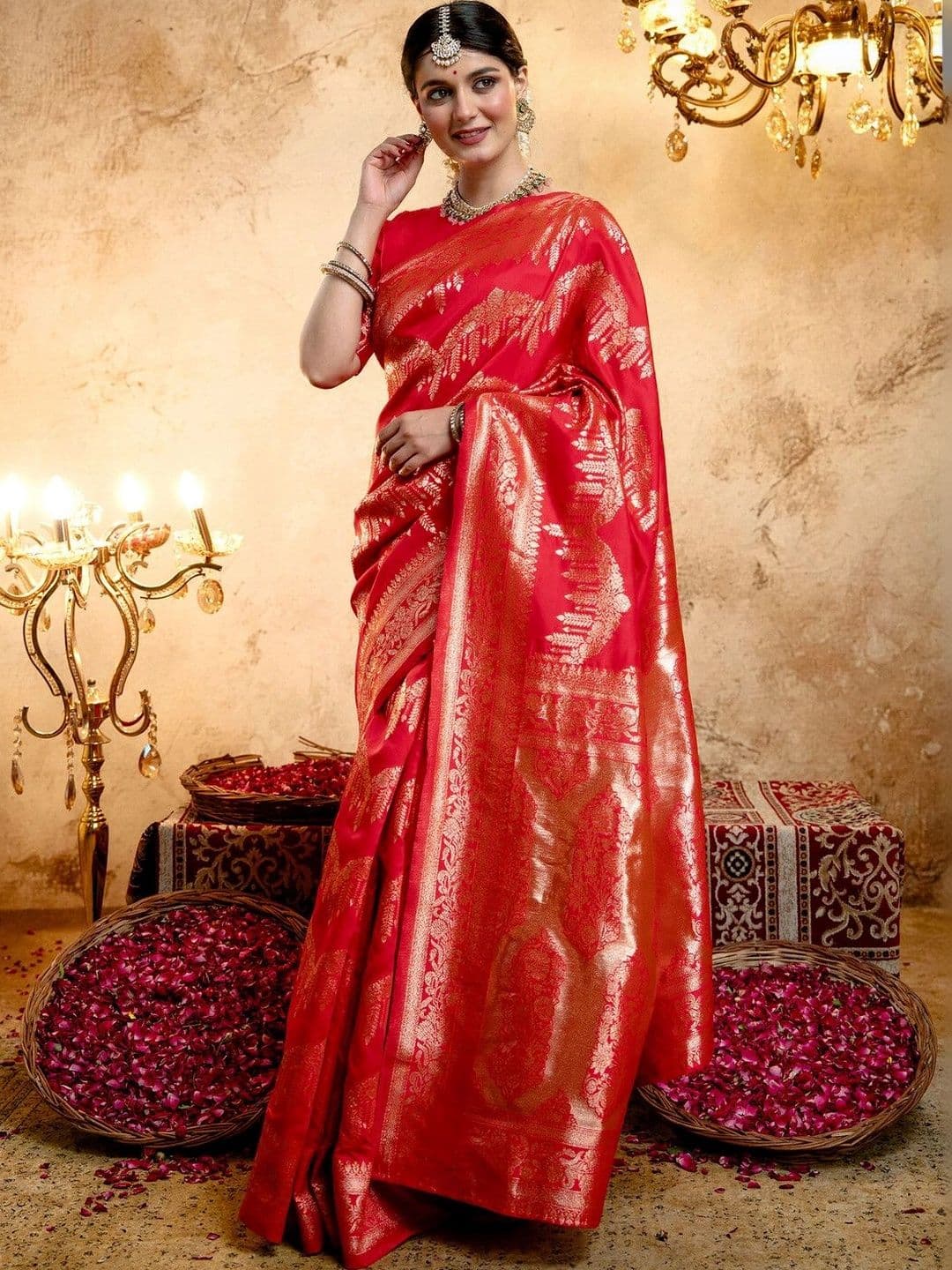 Satrani Women Woven Silk Banarasi Zari Border Saree With Blouse Piece thumbnail 7