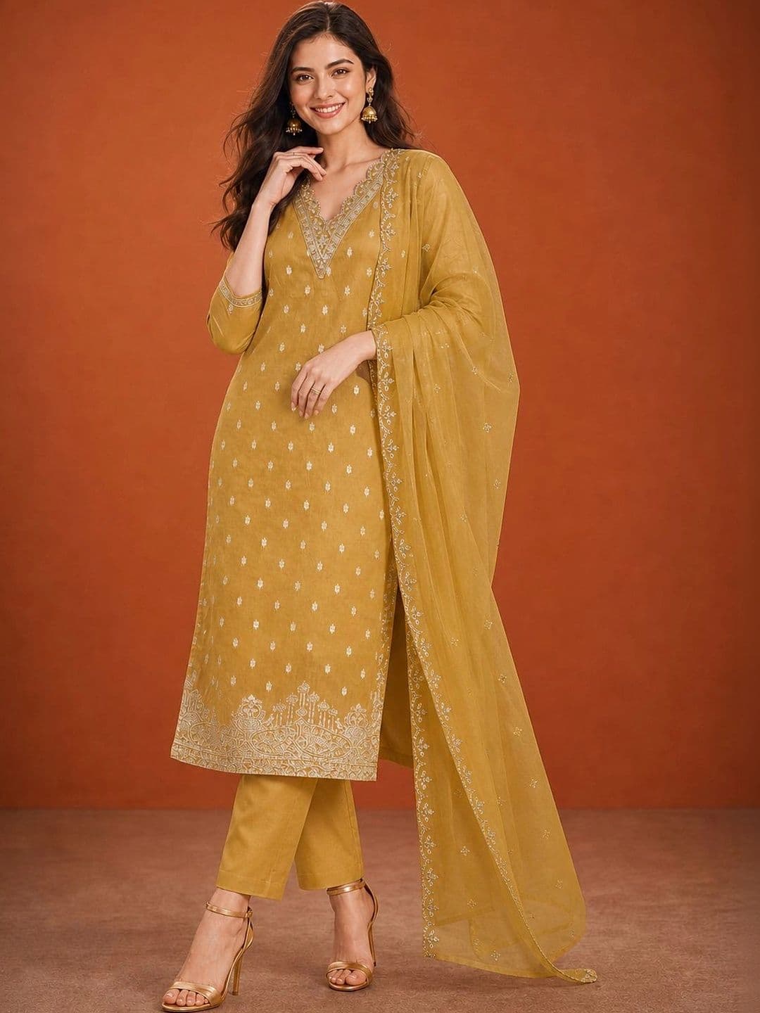 SAINOOR Women Ethnic Motifs Embroidered Regular Thread Work Kurta with Trousers & With Dupatta thumbnail 4