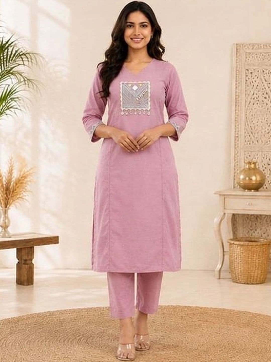 D K W Women Ethnic Motifs Embroidered Regular Mirror Work Pure Cotton Kurta with Trousers - view 1