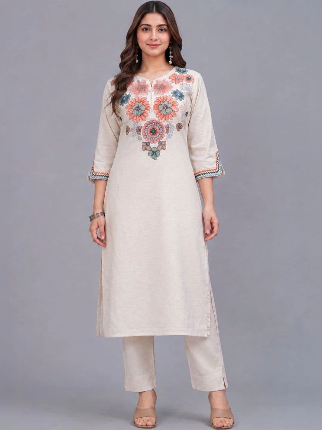 Amayra Women Ethnic Motifs Embroidered Regular Thread Work Pure Cotton Kurta with Trousers - view 1
