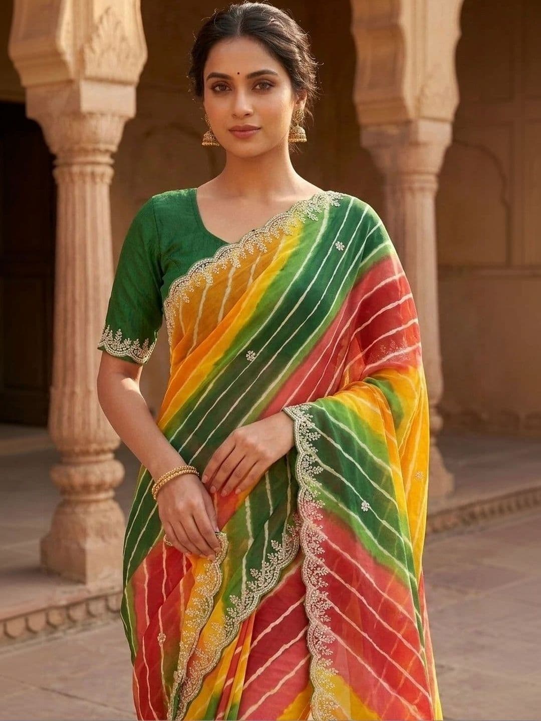 Fashion Mantra Leheriya Embroidered Poly Georgette Saree thumbnail 3