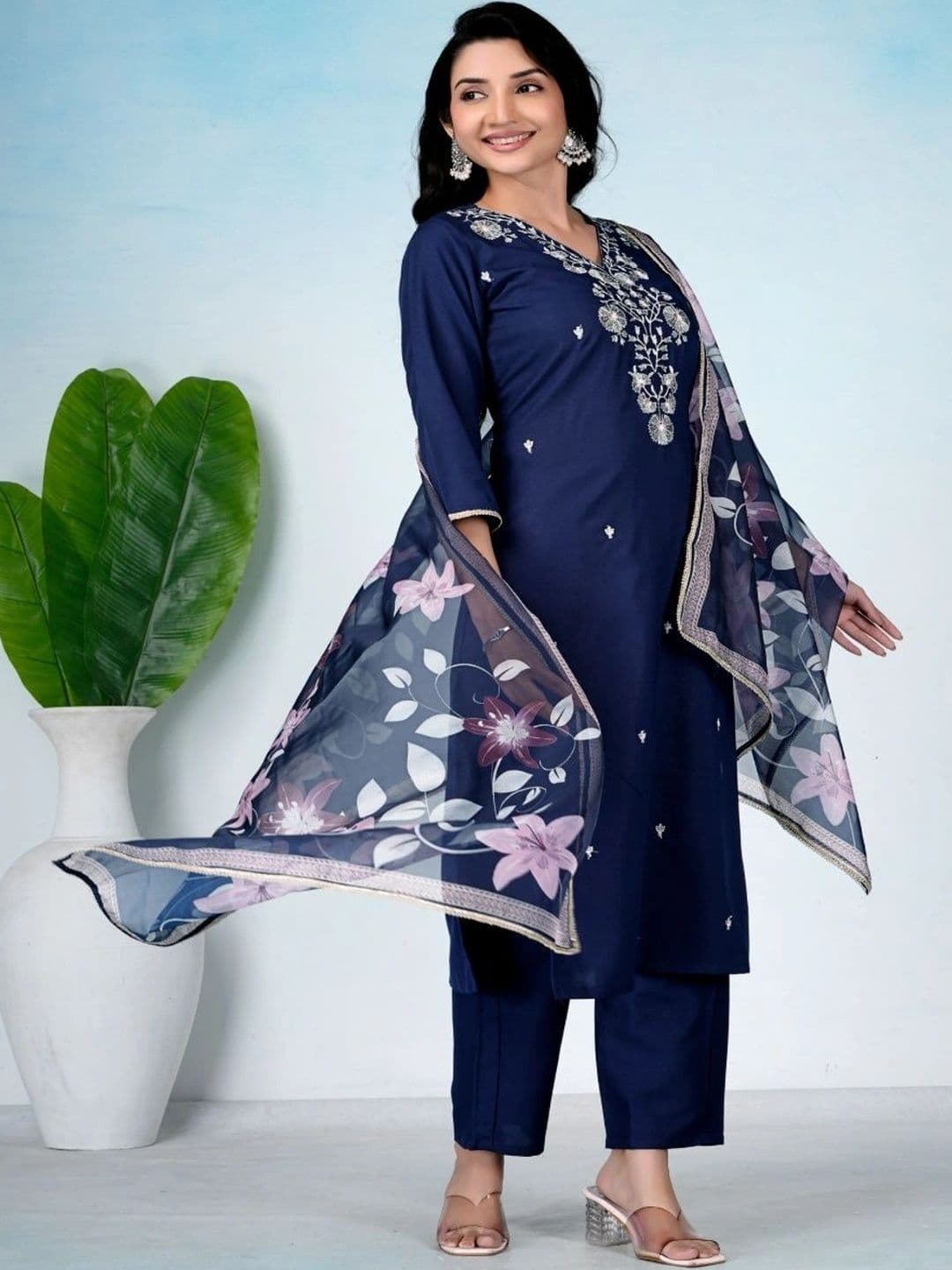 KALINI Women Floral Embroidered Regular Thread Work Kurta with Trousers & With Dupatta thumbnail 5