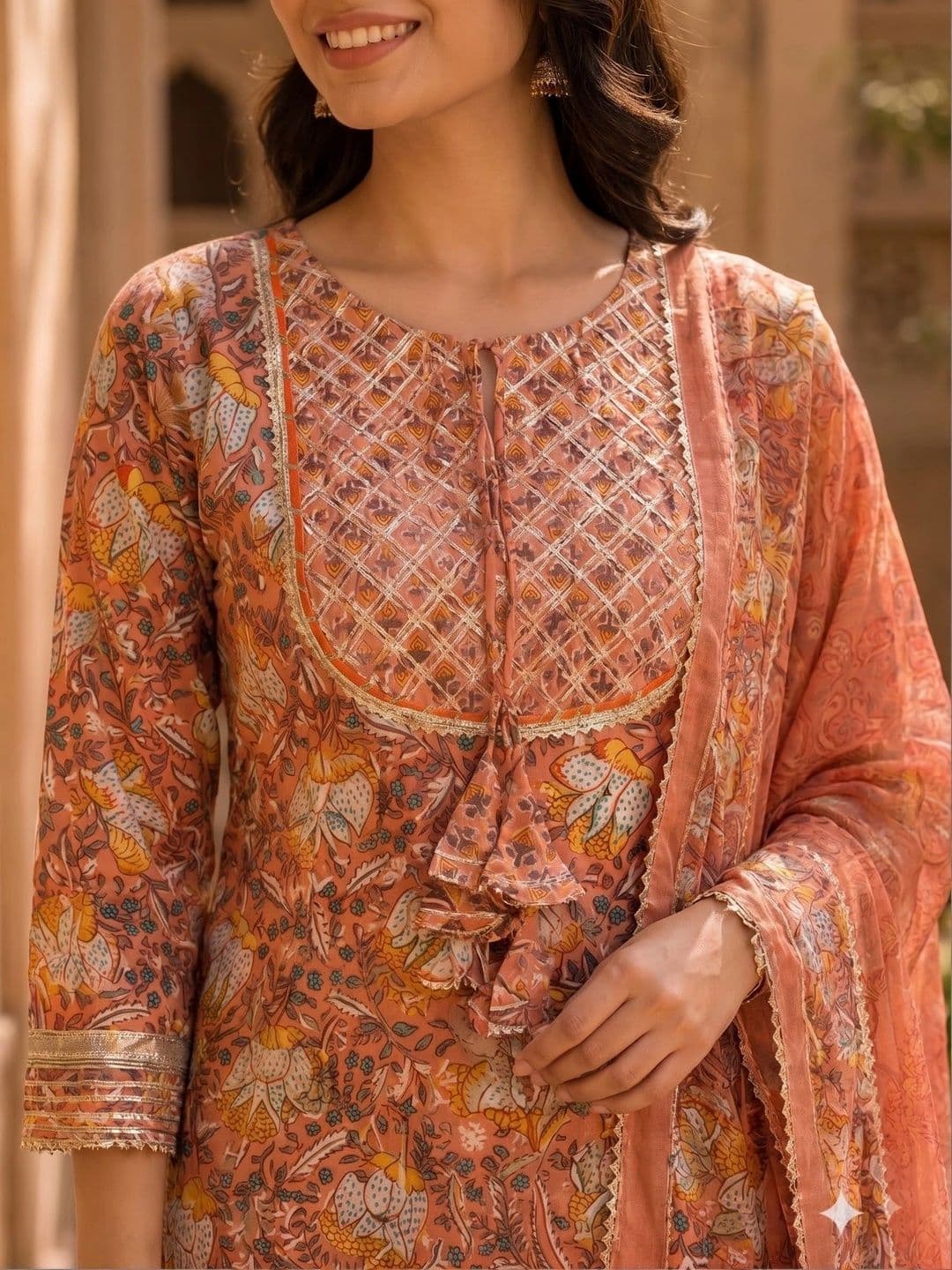 KALINI Women Ethnic Motifs Printed Regular Thread Work Pure Cotton Kurta with Trousers & With Dupatta thumbnail 4