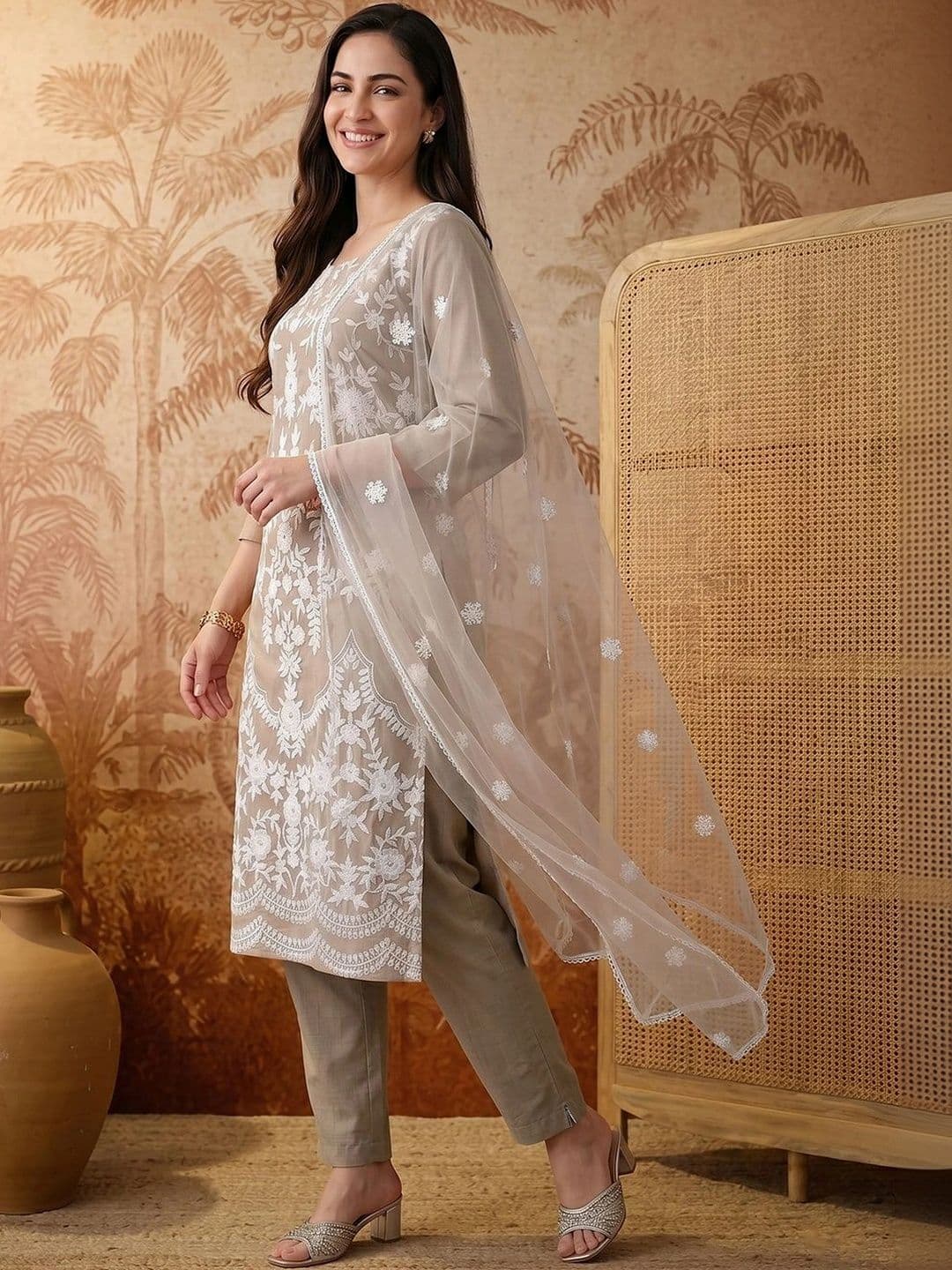 SAINOOR Women Ethnic Motifs Embroidered Regular Thread Work Kurta with Trousers & With Dupatta thumbnail 4
