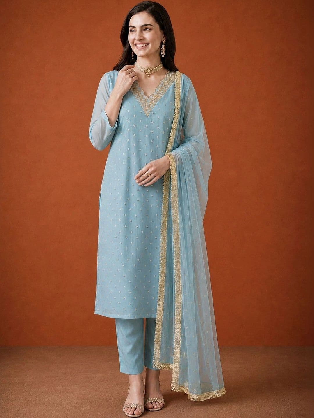 SAINOOR Women Ethnic Motifs Embroidered Regular Thread Work Kurta with Trousers & With Dupatta thumbnail 2