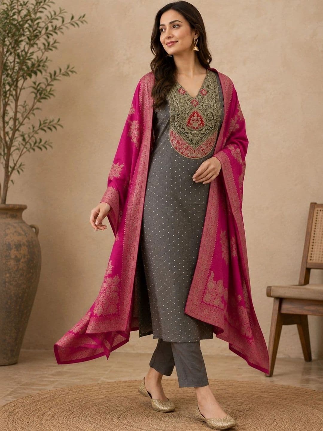 Sangria Floral Woven Design Zari V-Neck Silk Blend Straight Kurta & Trousers With Dupatta - view 1