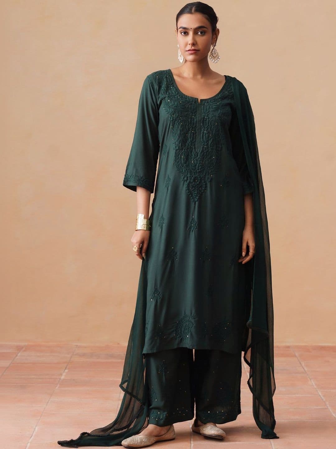SAZRIKA Women Embroidered Regular Chikankari Kurta with Palazzos & With Dupatta thumbnail 6