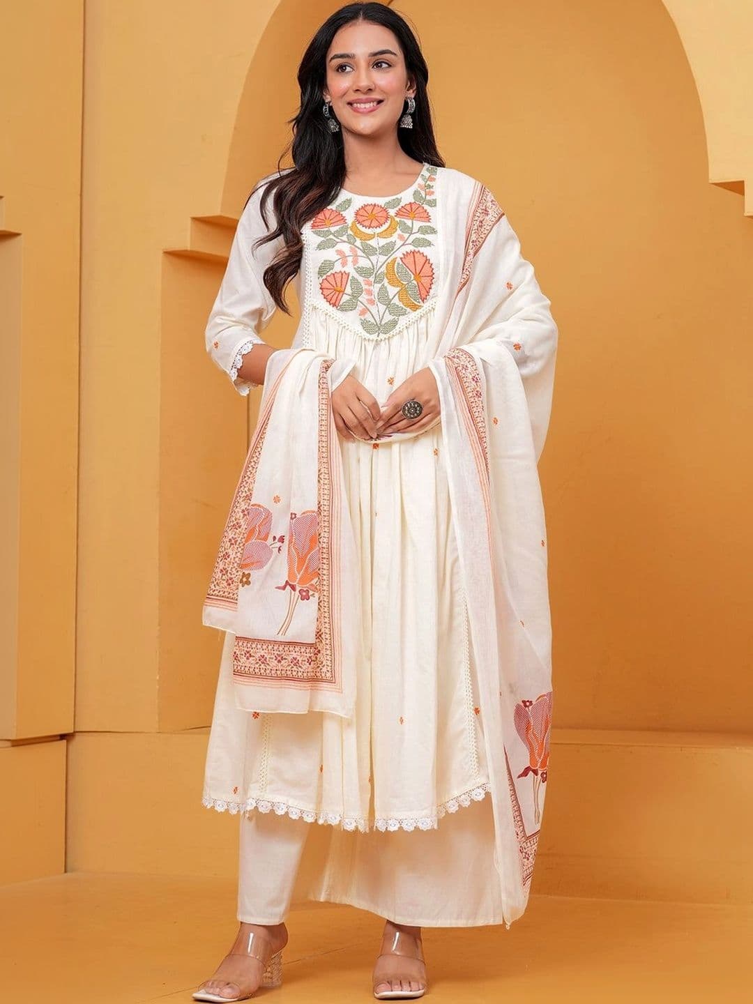 Anouk Women Floral Embroidered Empire Thread Work Pure Cotton Kurta with Palazzos & With Dupatta thumbnail 6