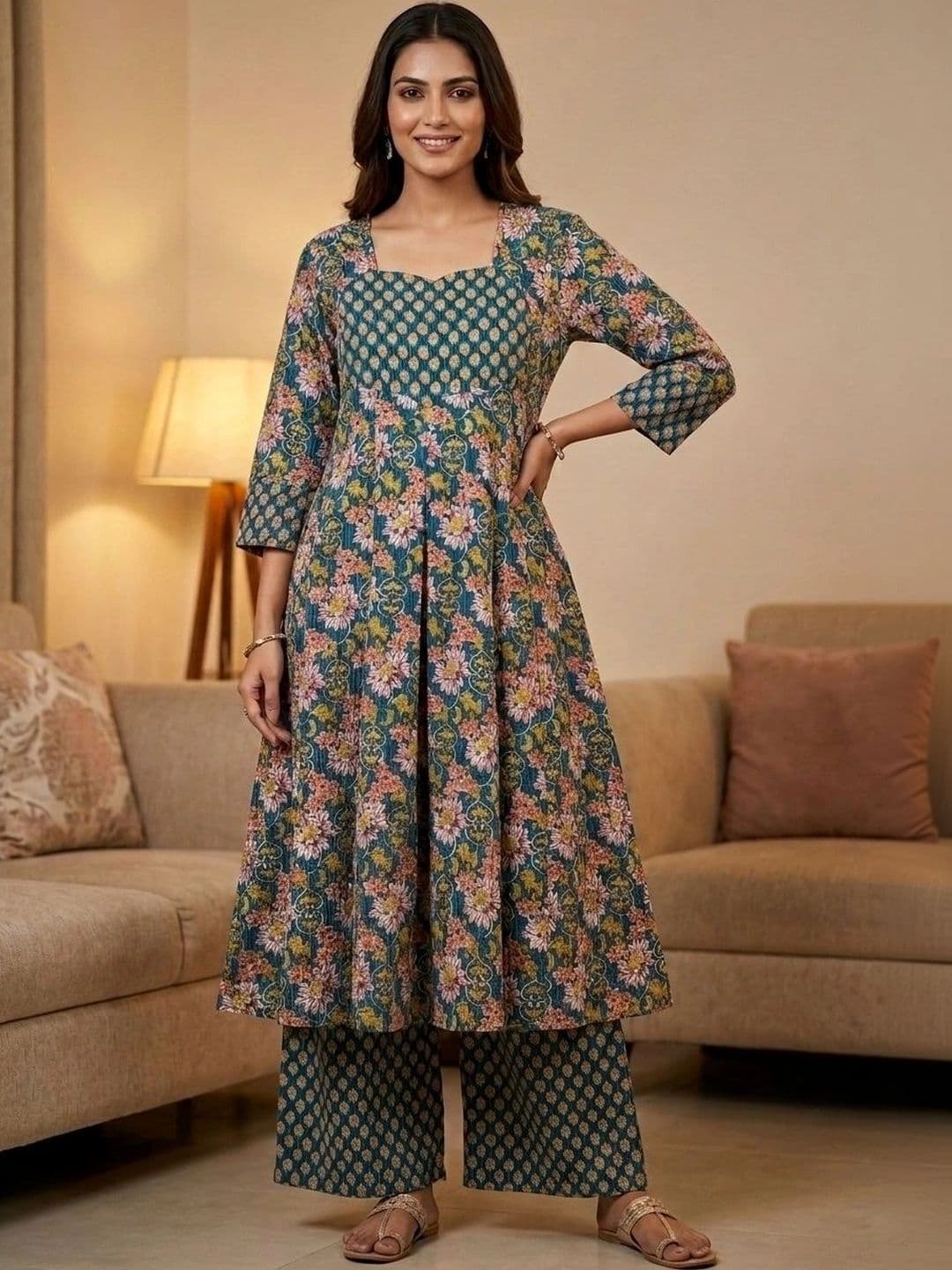 Sangria Women Floral Printed Empire Pure Cotton Kurta with Palazzos - view 1