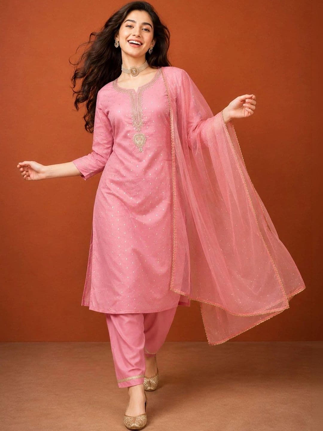 SAINOOR Women Ethnic Motifs Embroidered Regular Thread Work Kurta with Trousers & With Dupatta thumbnail 4