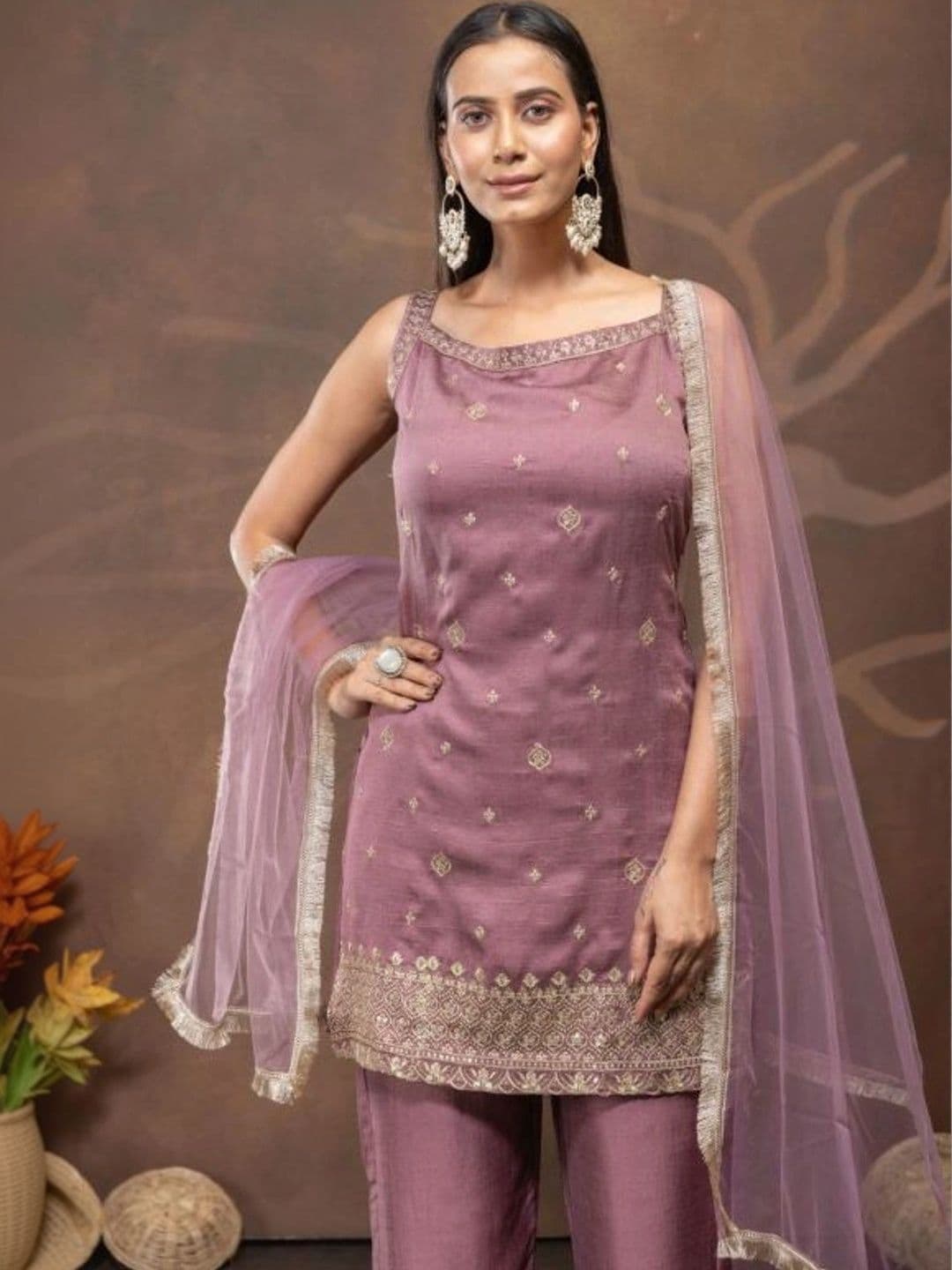 Aditexo Women Ethnic Motifs Embroidered Regular Thread Work Chanderi Silk Kurta with Palazzos & With Dupatta thumbnail 4