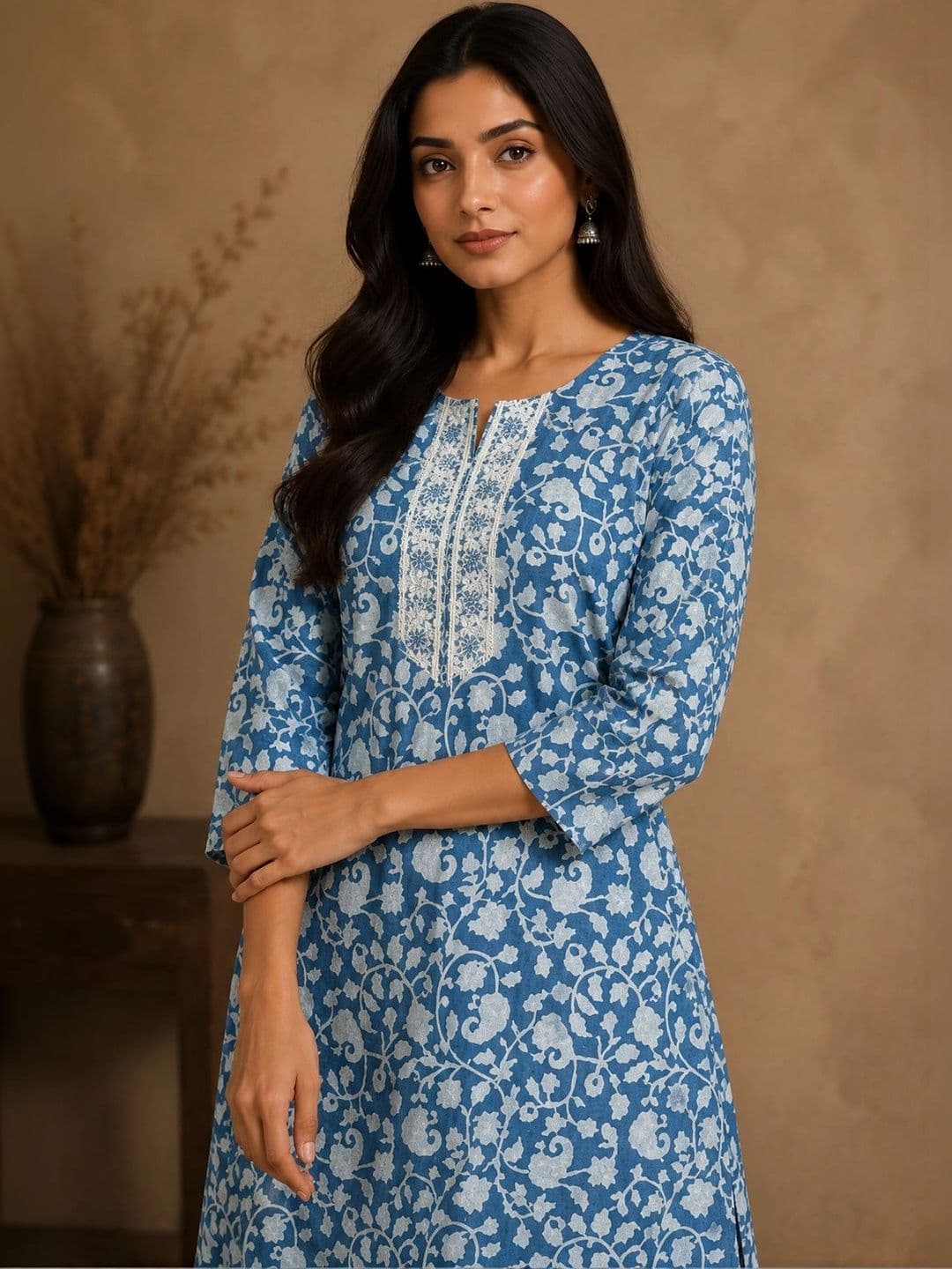Bunai Women Floral Printed Regular Thread Work Kurta with Trousers thumbnail 3