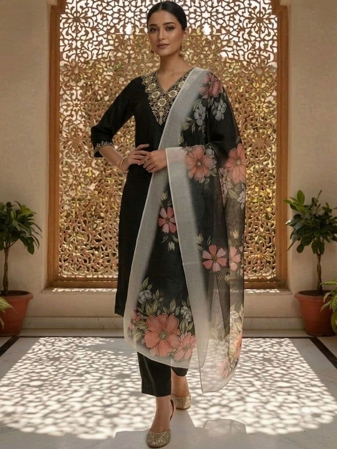 pink and pop Women Floral Embroidered Regular Thread Work Kurta with Trousers & With Dupatta thumbnail 3