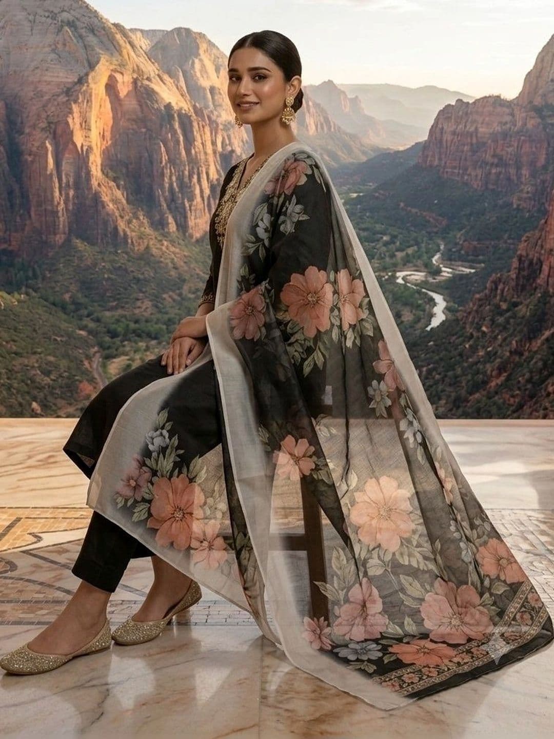 KALINI Women Floral Embroidered Regular Thread Work Kurta with Trousers & With Dupatta thumbnail 4