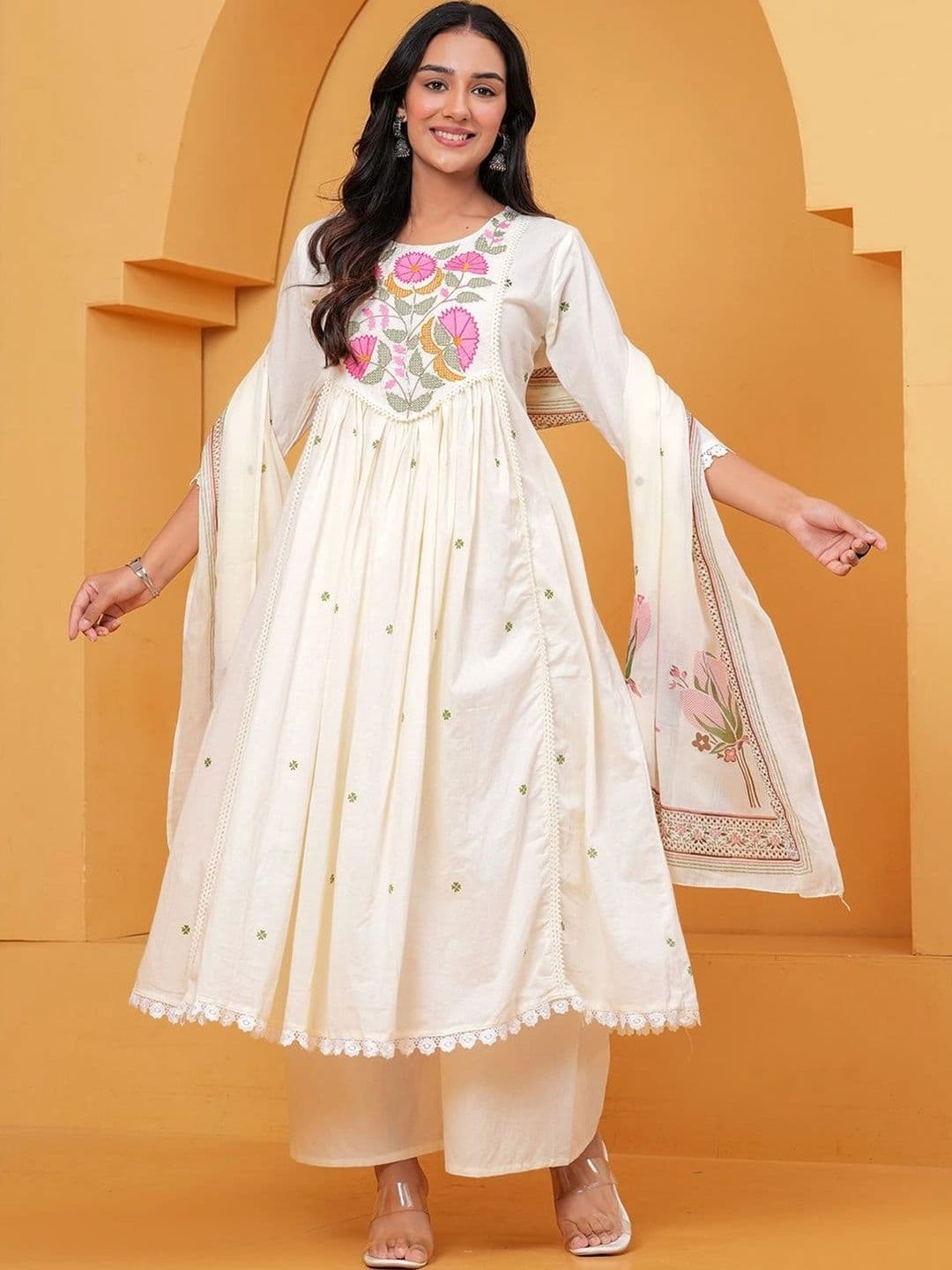 Anouk Women Floral Embroidered Empire Thread Work Pure Cotton Kurta with Palazzos & With Dupatta thumbnail 7