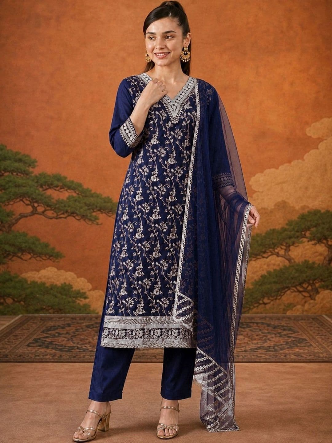 SAINOOR Women Ethnic Motifs Embroidered Regular Thread Work Kurta with Trousers & With Dupatta - view 1