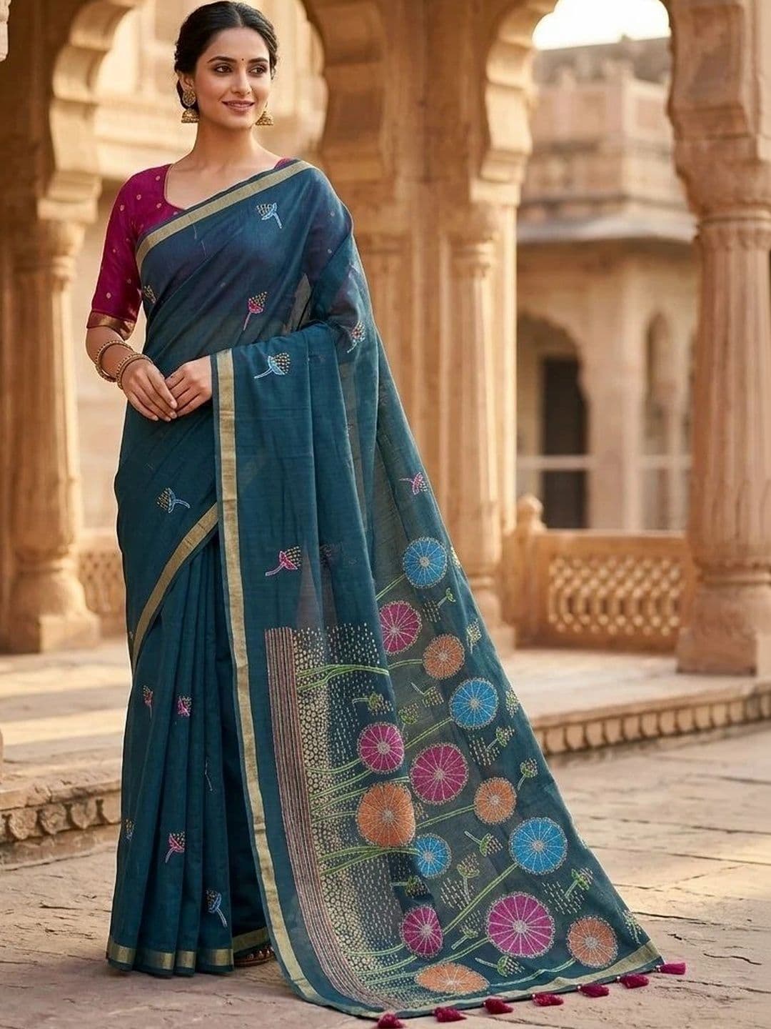 Fashion Mantra Floral Linen Blend Saree - view 1