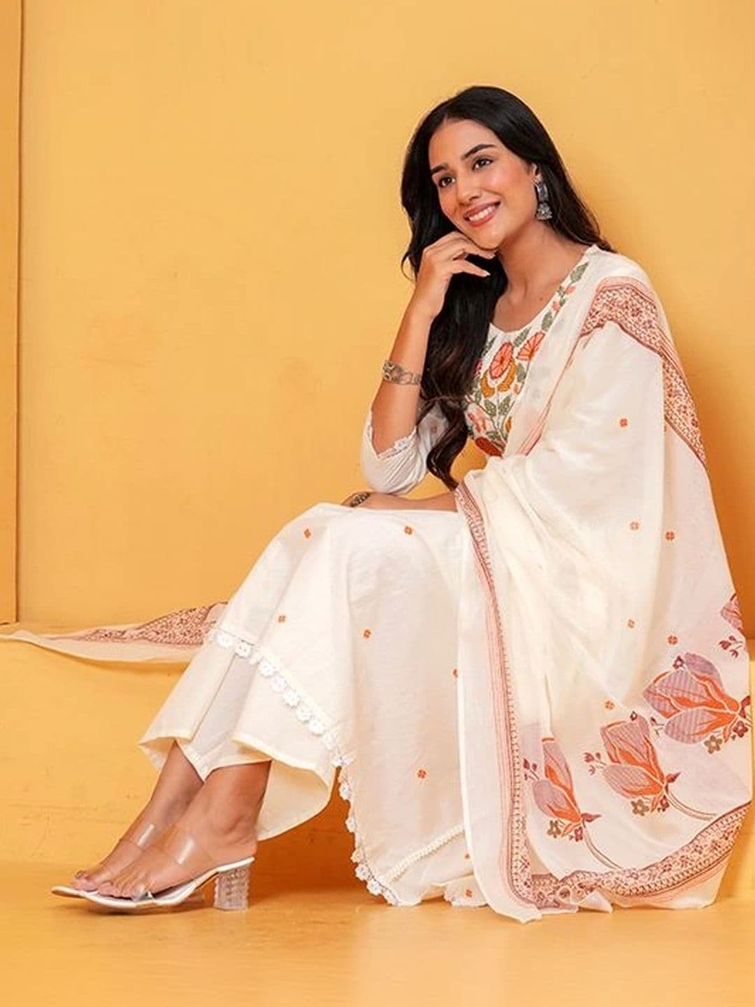 Anouk Women Floral Embroidered Empire Thread Work Pure Cotton Kurta with Palazzos & With Dupatta thumbnail 7