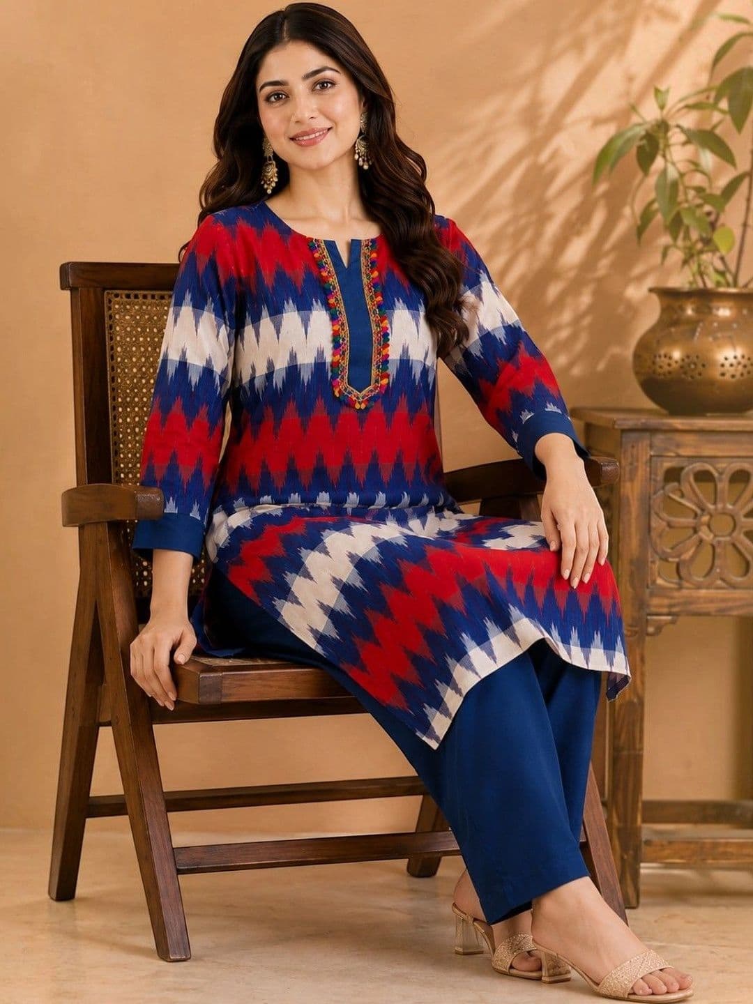 EELIKA Women Printed Regular Thread Work Pure Cotton Kurta with Trousers thumbnail 2
