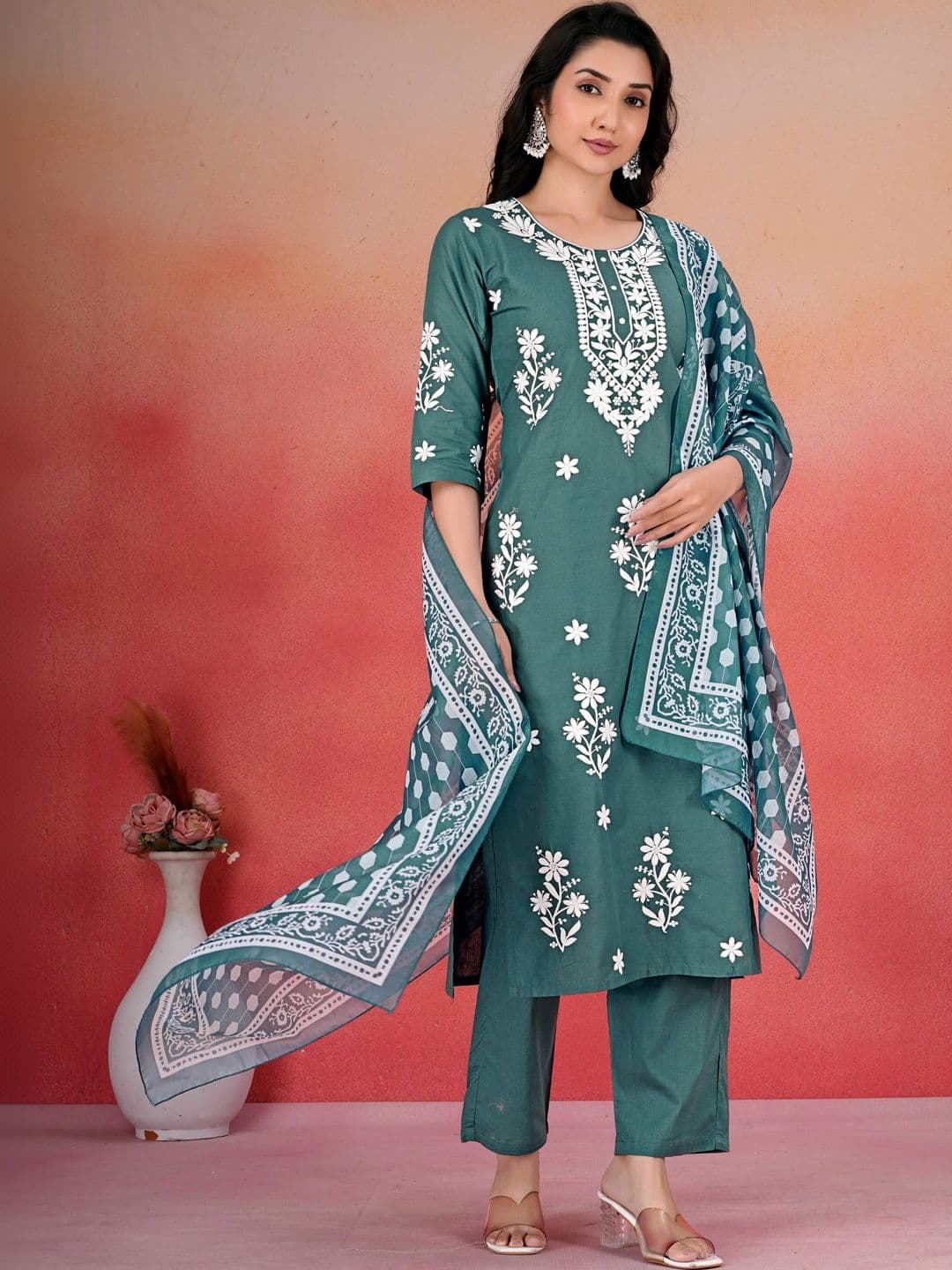 KALINI Women Ethnic Motifs Embroidered Regular Thread Work Pure Cotton Kurta with Trousers & With Dupatta - view 1
