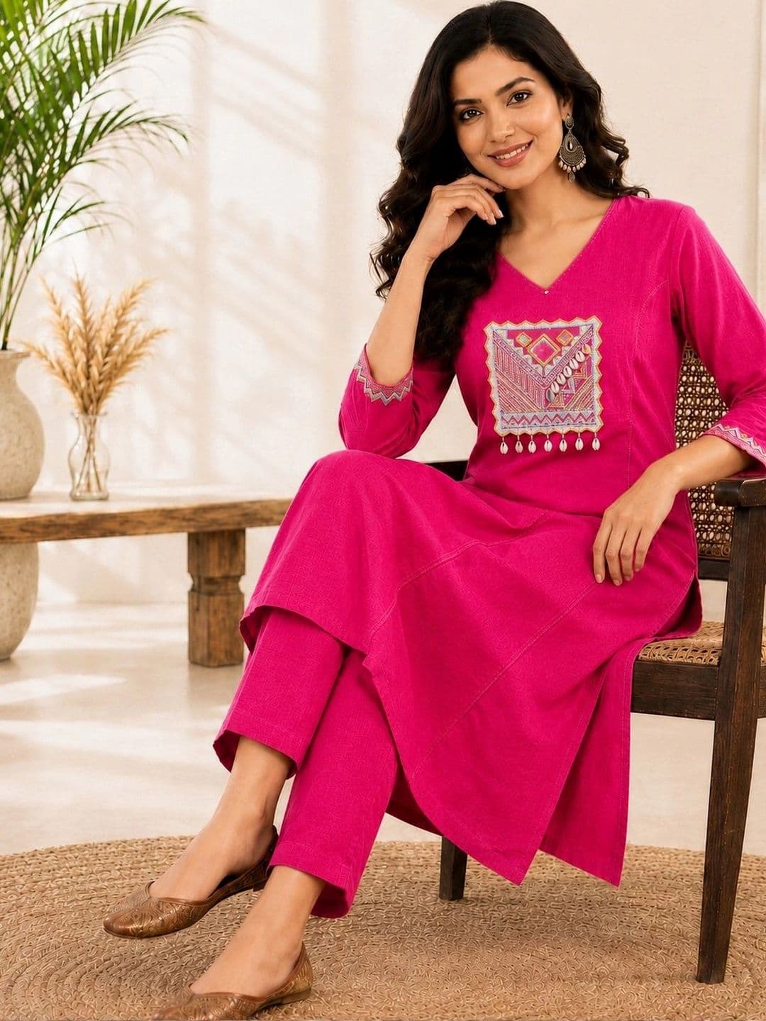 D K W Women Ethnic Motifs Embroidered Regular Mirror Work Pure Cotton Kurta with Trousers thumbnail 3
